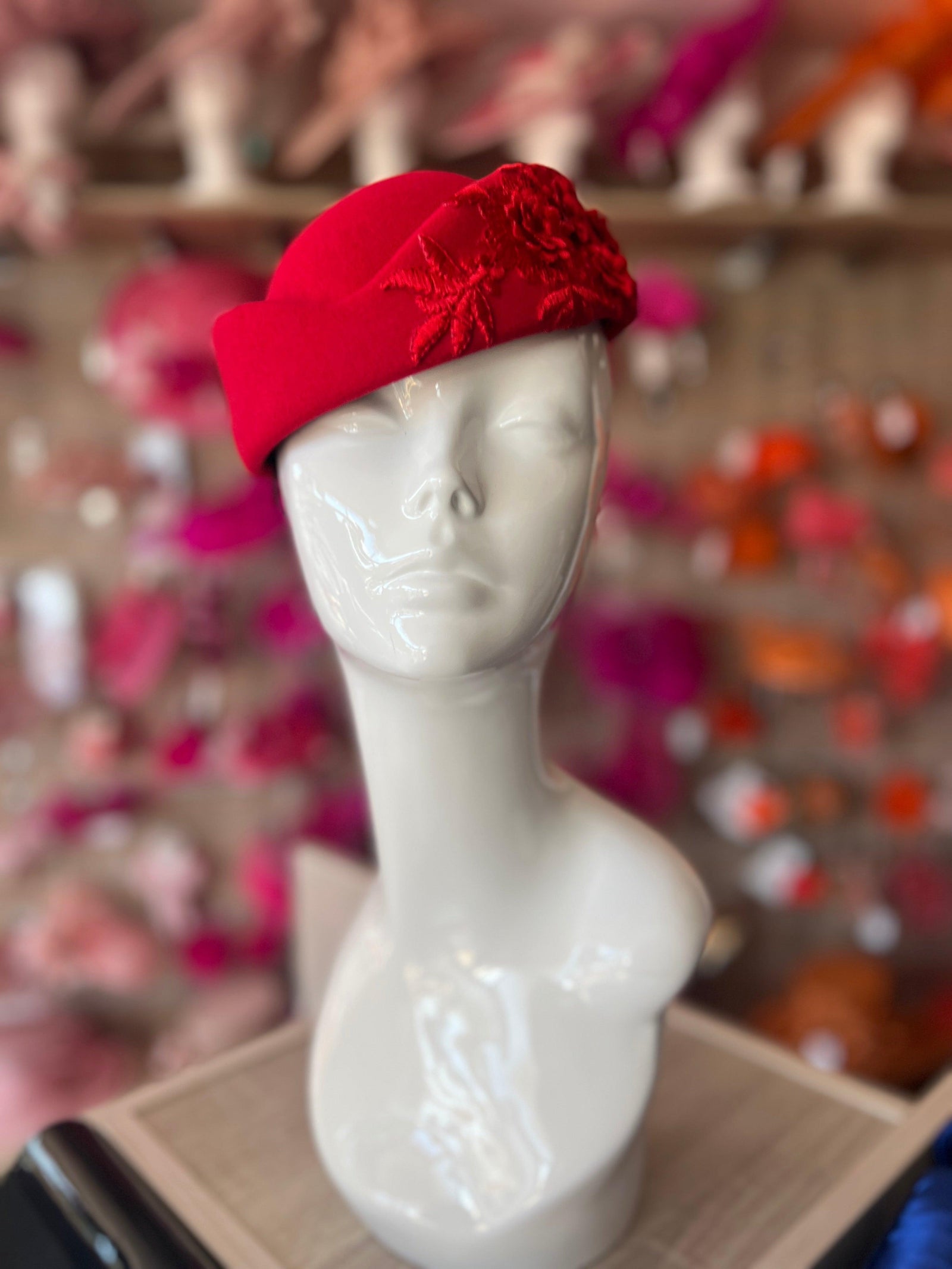 Winter Vintage Red Felt Pillbox Hat Fascinator With Floral Lace Detailing-Fascinators Direct