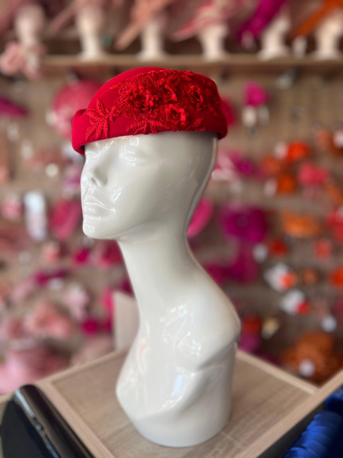 Winter Vintage Red Felt Pillbox Hat Fascinator With Floral Lace Detailing-Fascinators Direct