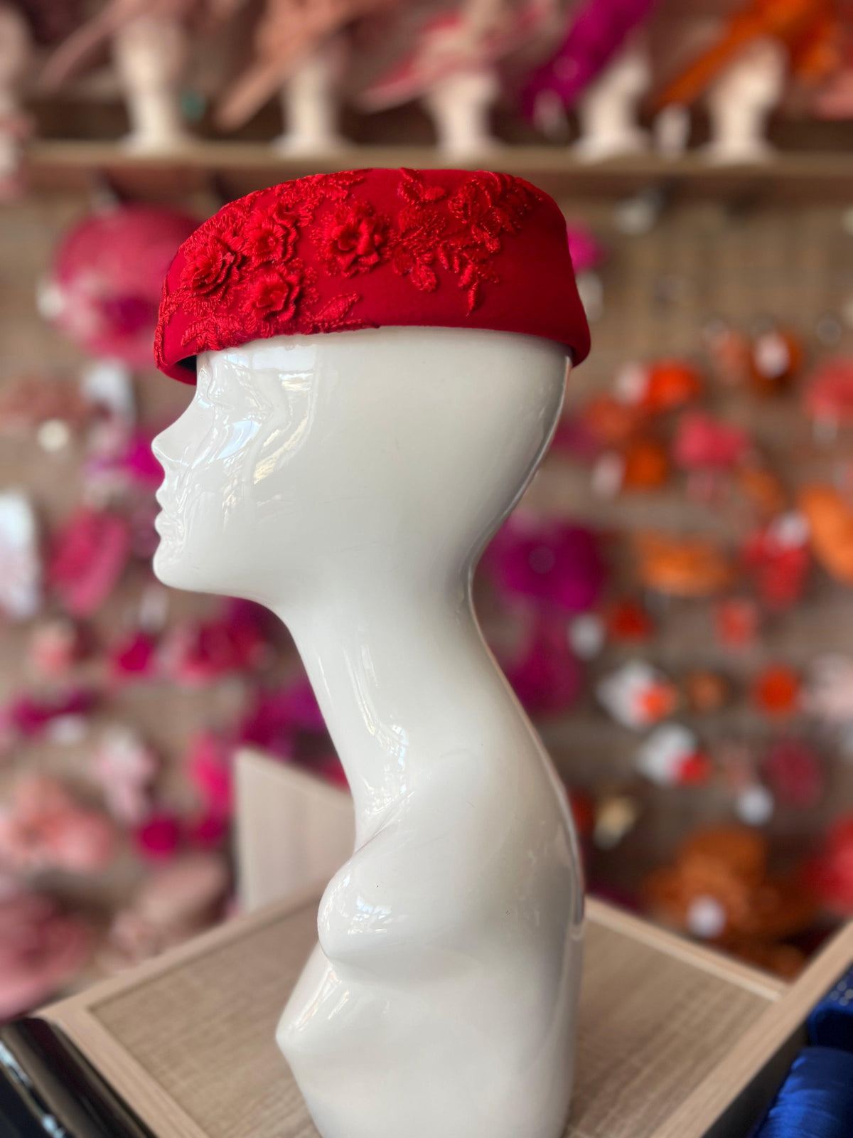 Winter Vintage Red Felt Pillbox Hat Fascinator With Floral Lace Detailing-Fascinators Direct