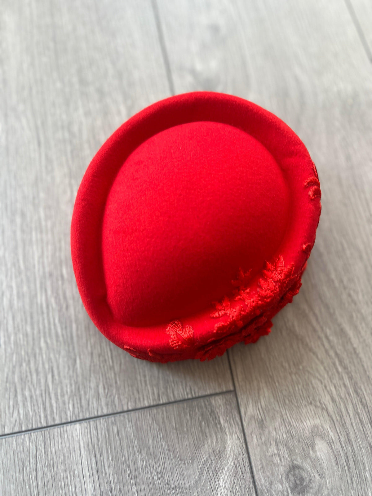 Winter Vintage Red Felt Pillbox Hat Fascinator With Floral Lace Detailing-Fascinators Direct