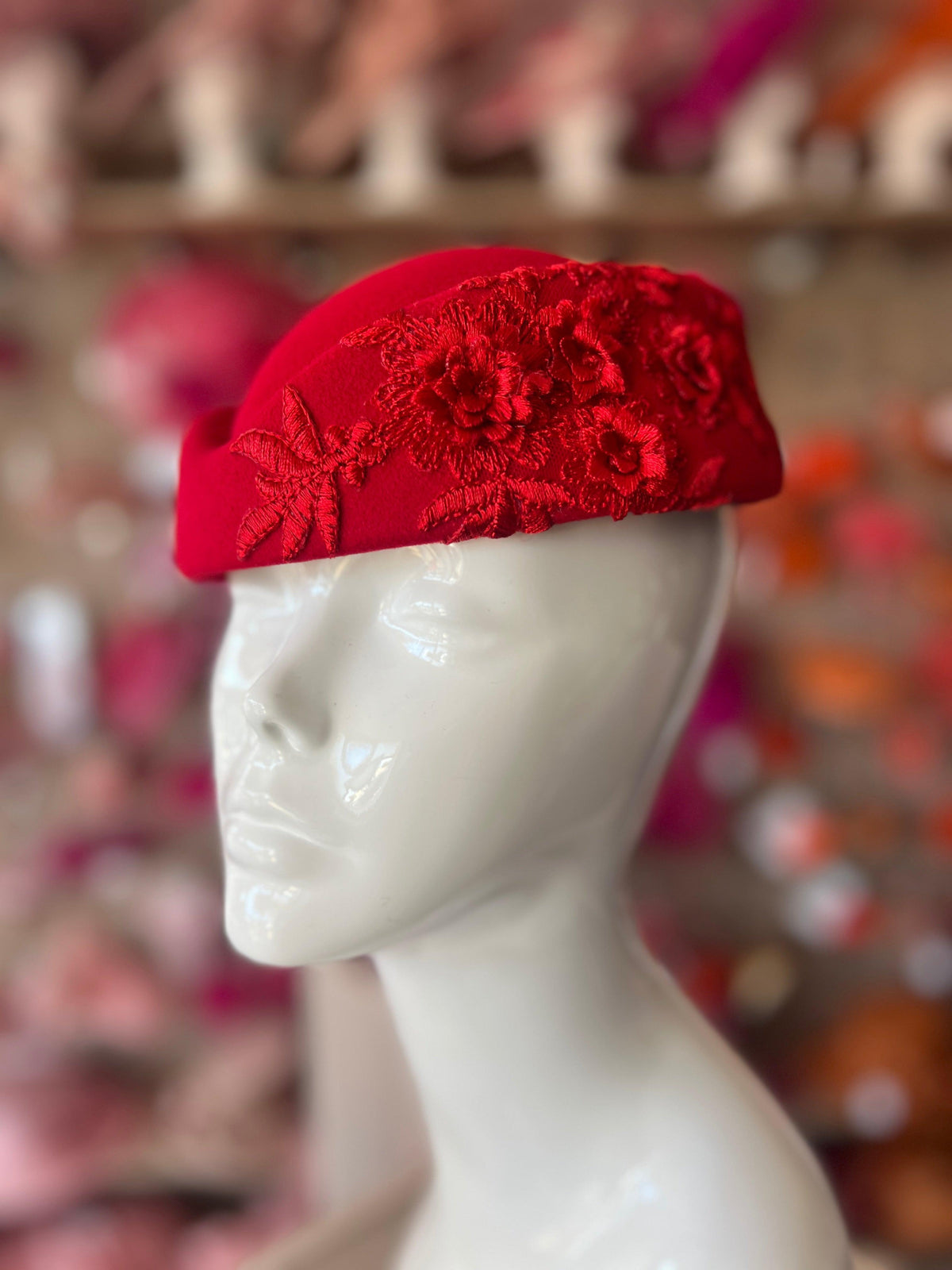 Winter Vintage Red Felt Pillbox Hat Fascinator With Floral Lace Detailing-Fascinators Direct