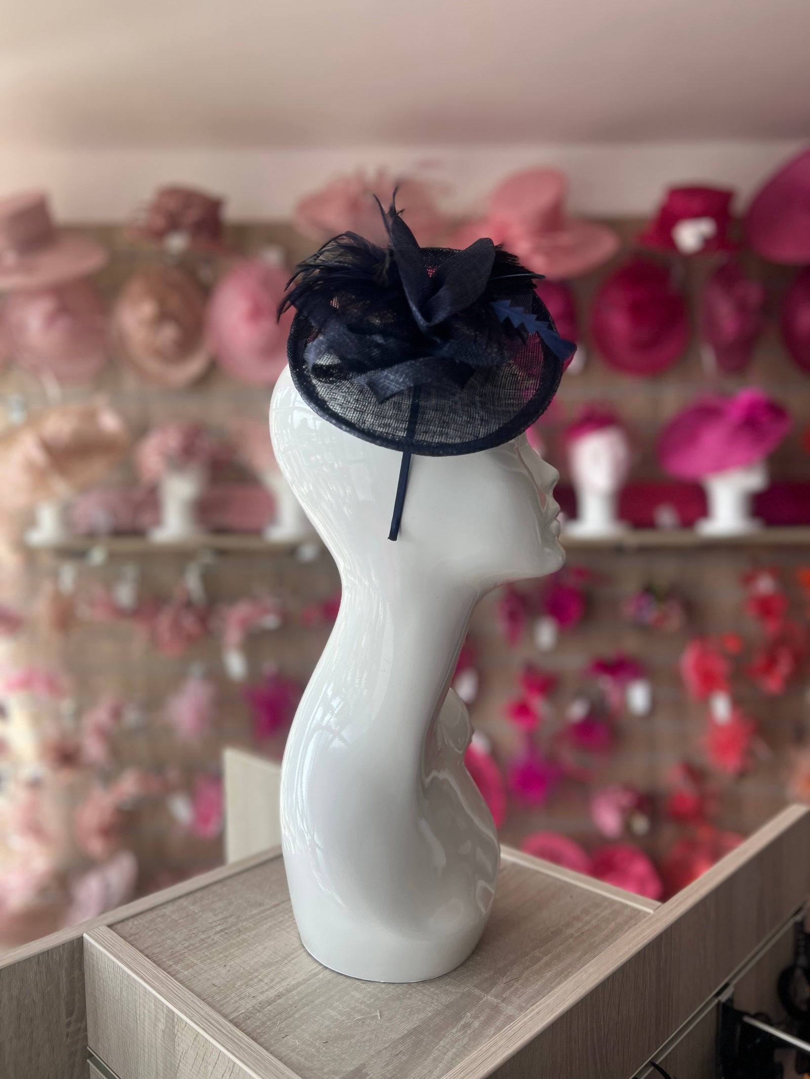 Wispy Feather & Twisted Sinamay Navy Disc Fascinator-Fascinators Direct