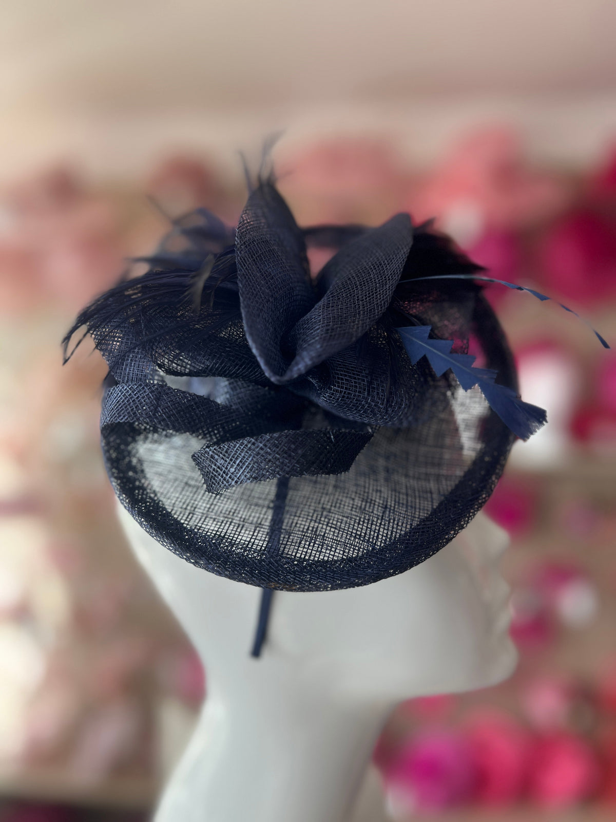 Wispy Feather &amp; Twisted Sinamay Navy Disc Fascinator-Fascinators Direct