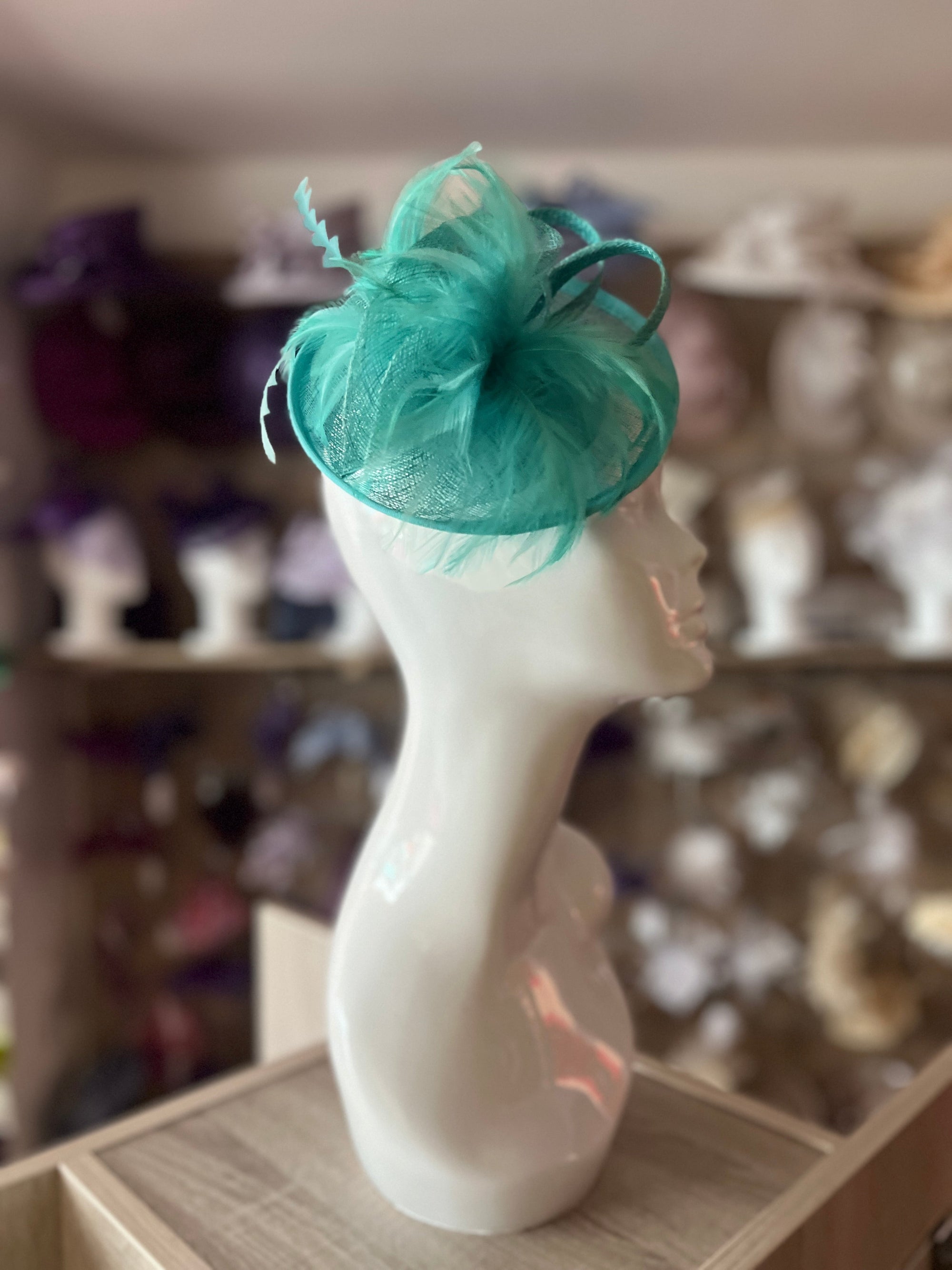 Wispy Feather & Twisted Sinamay Turquoise Disc Fascinator-Fascinators Direct