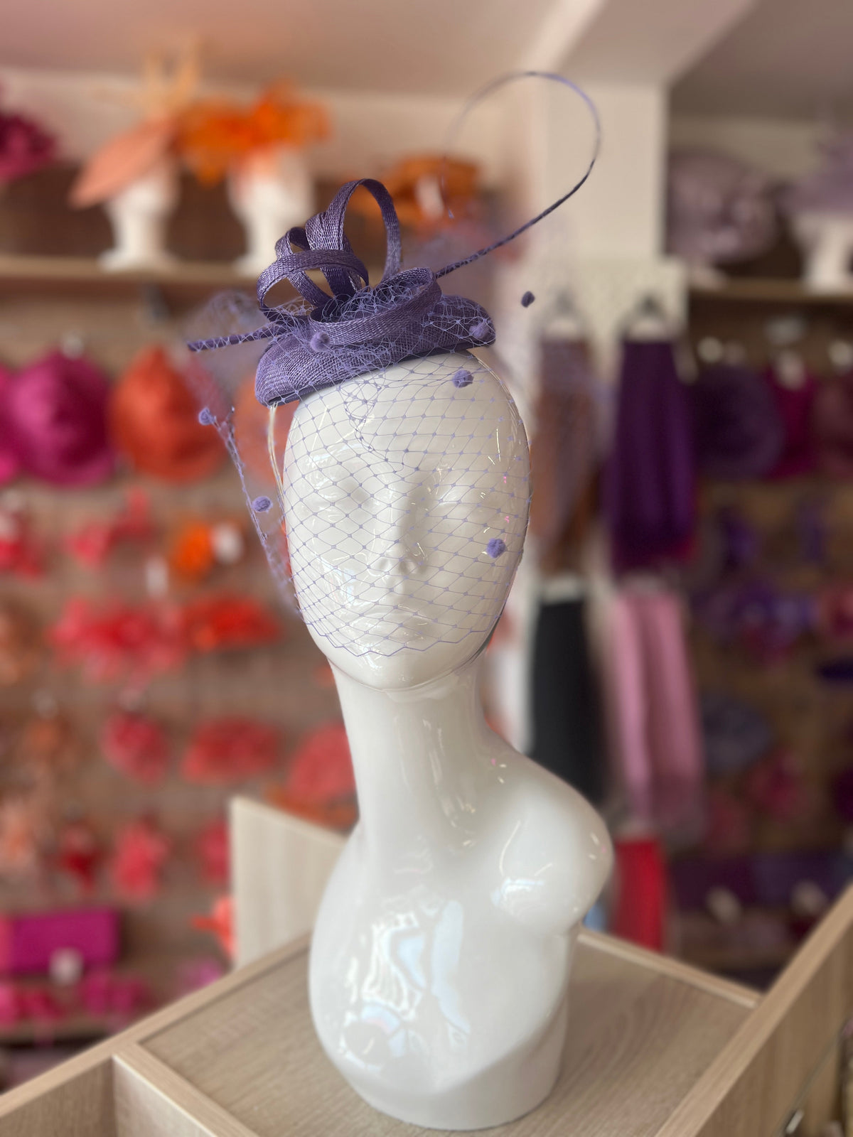 Wisteria Pillbox Hat with Veil &amp; Curled Quill-Fascinators Direct