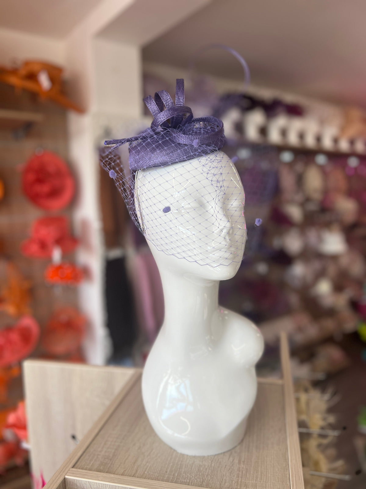 Wisteria Pillbox Hat with Veil &amp; Curled Quill-Fascinators Direct