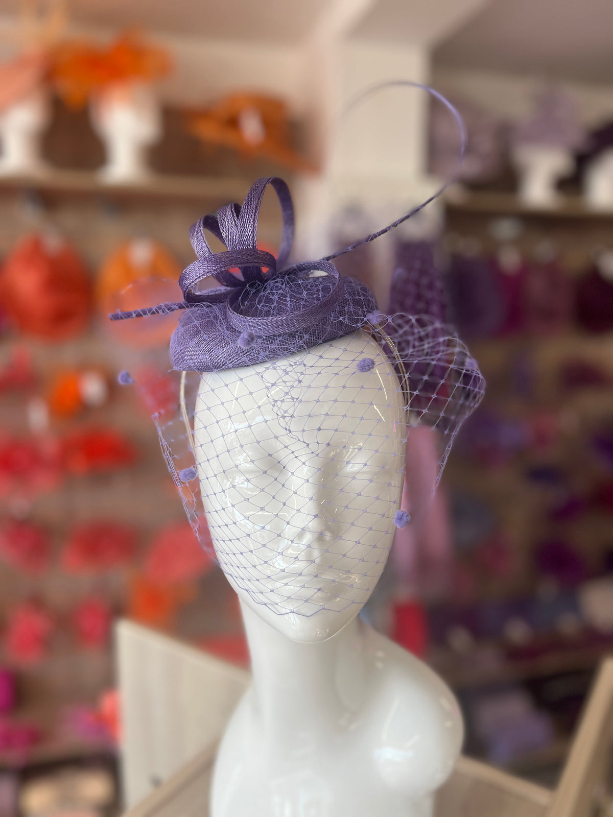 Wisteria Pillbox Hat with Veil &amp; Curled Quill-Fascinators Direct