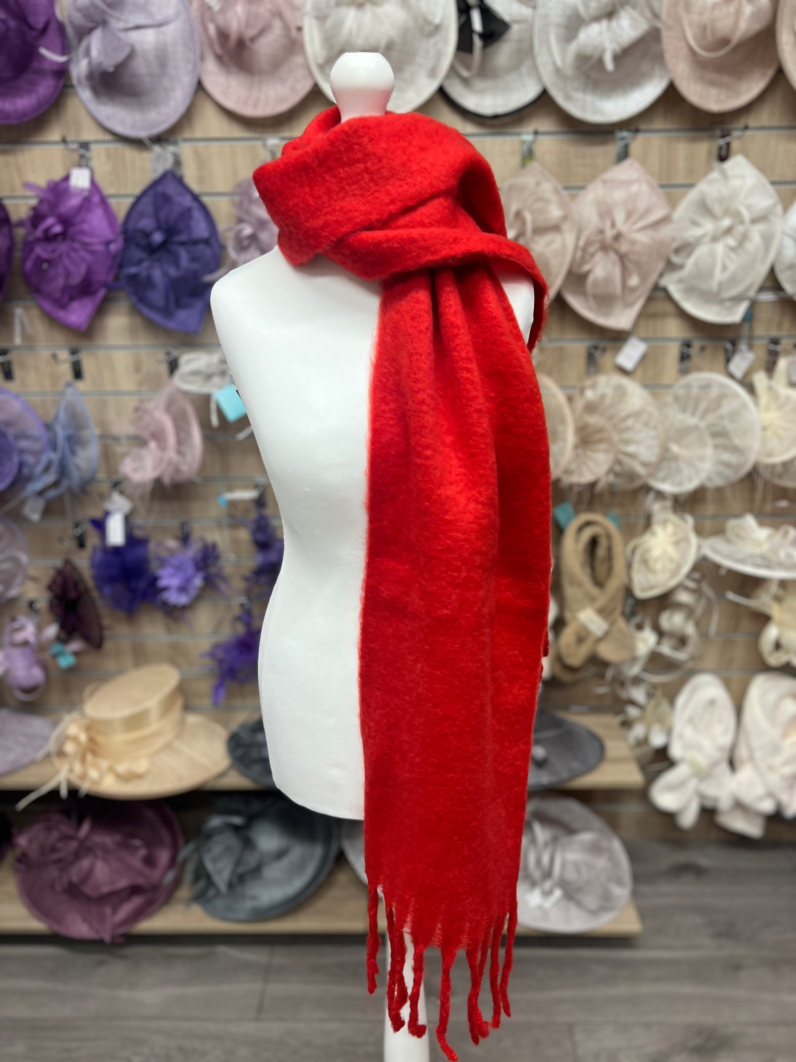 Woven Fluffy Tassel Scarf Red-Fascinators Direct