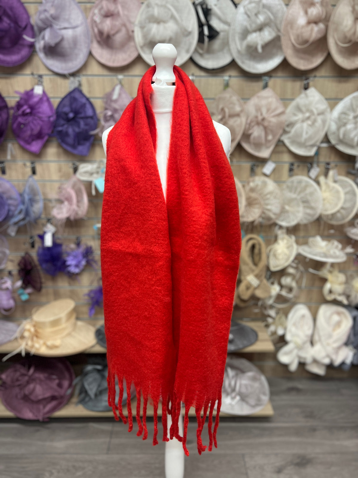 Woven Fluffy Tassel Scarf Red-Fascinators Direct