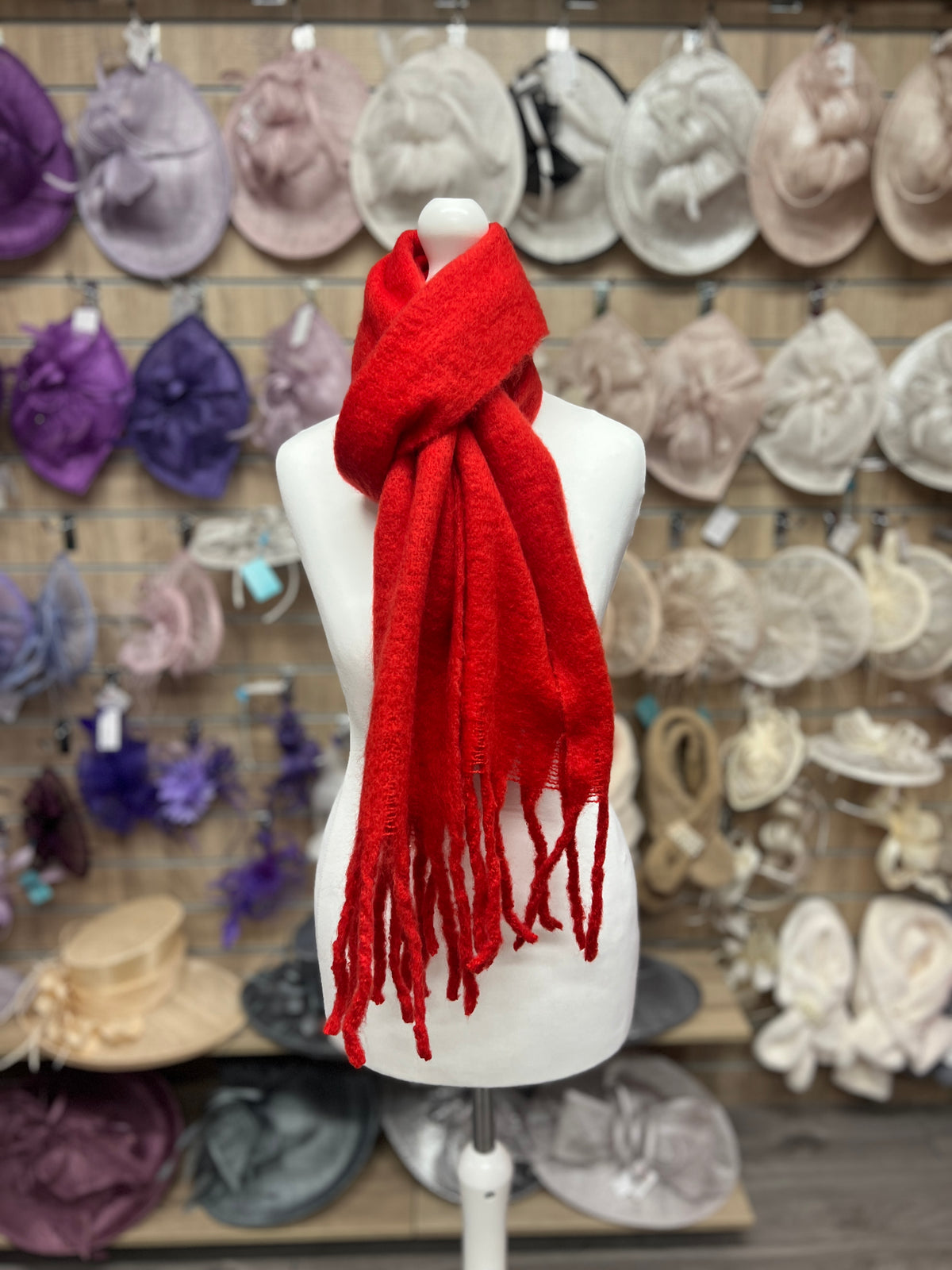 Woven Fluffy Tassel Scarf Red-Fascinators Direct