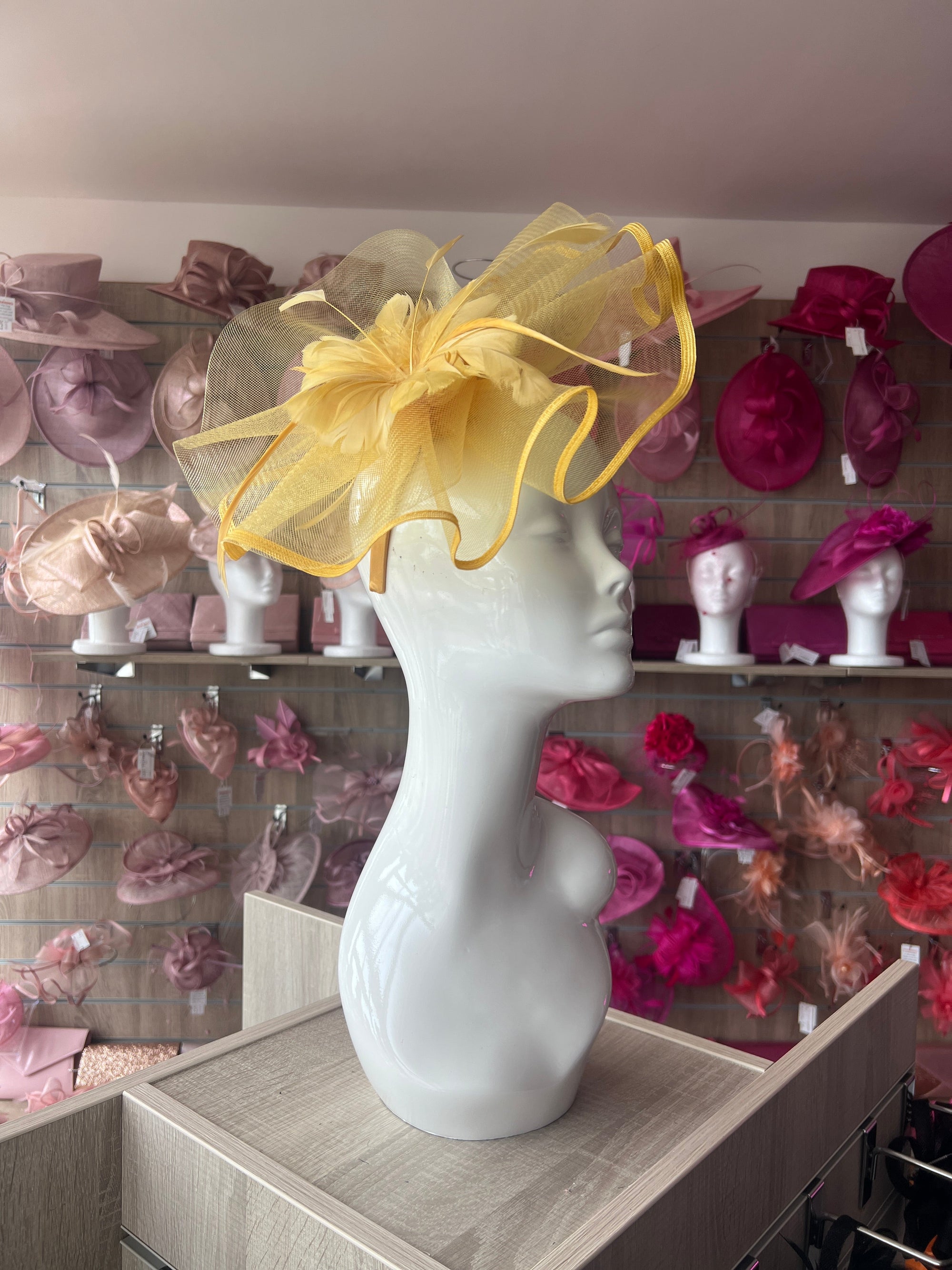 YELLOW LARGE FASCINATOR WITH RUCHED CRINOLINE & FLOWER-Fascinators Direct