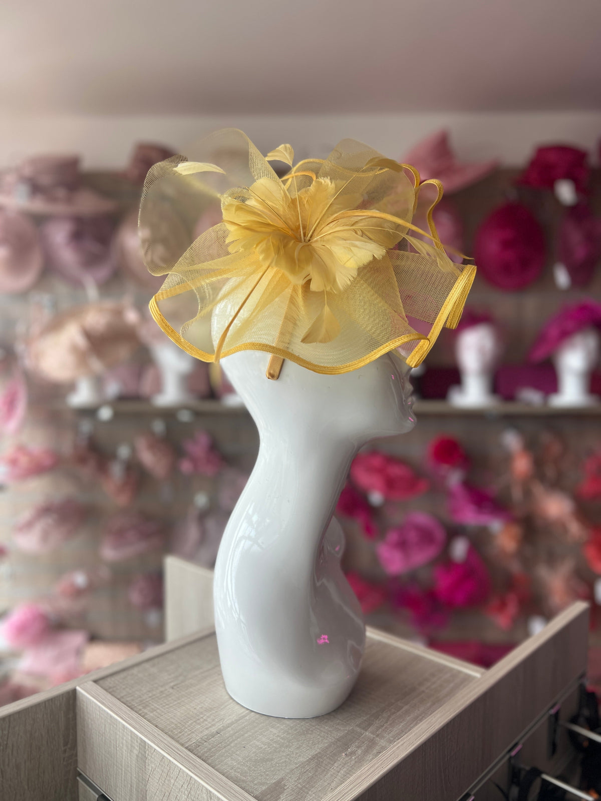 YELLOW LARGE FASCINATOR WITH RUCHED CRINOLINE &amp; FLOWER-Fascinators Direct