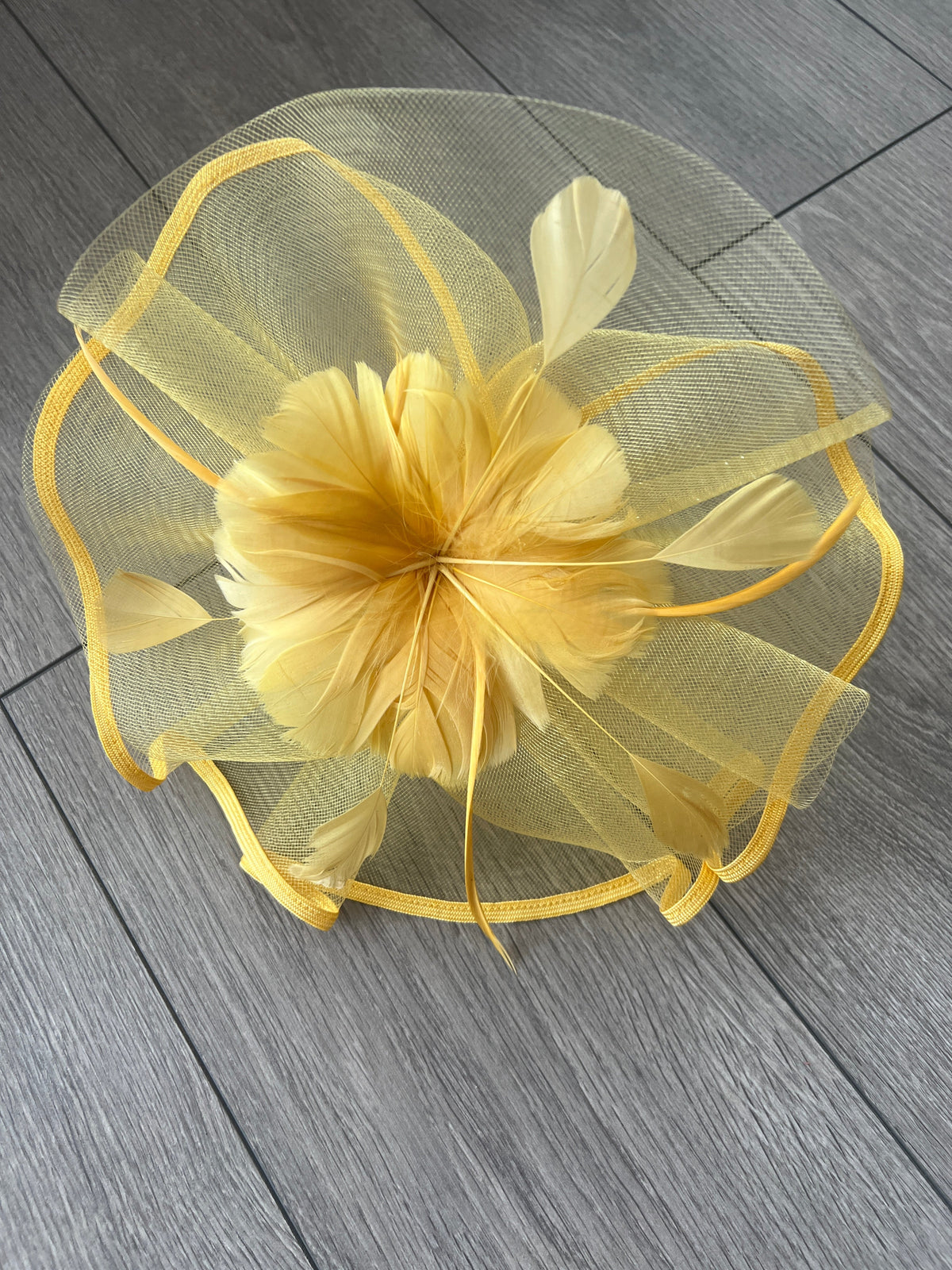YELLOW LARGE FASCINATOR WITH RUCHED CRINOLINE &amp; FLOWER-Fascinators Direct