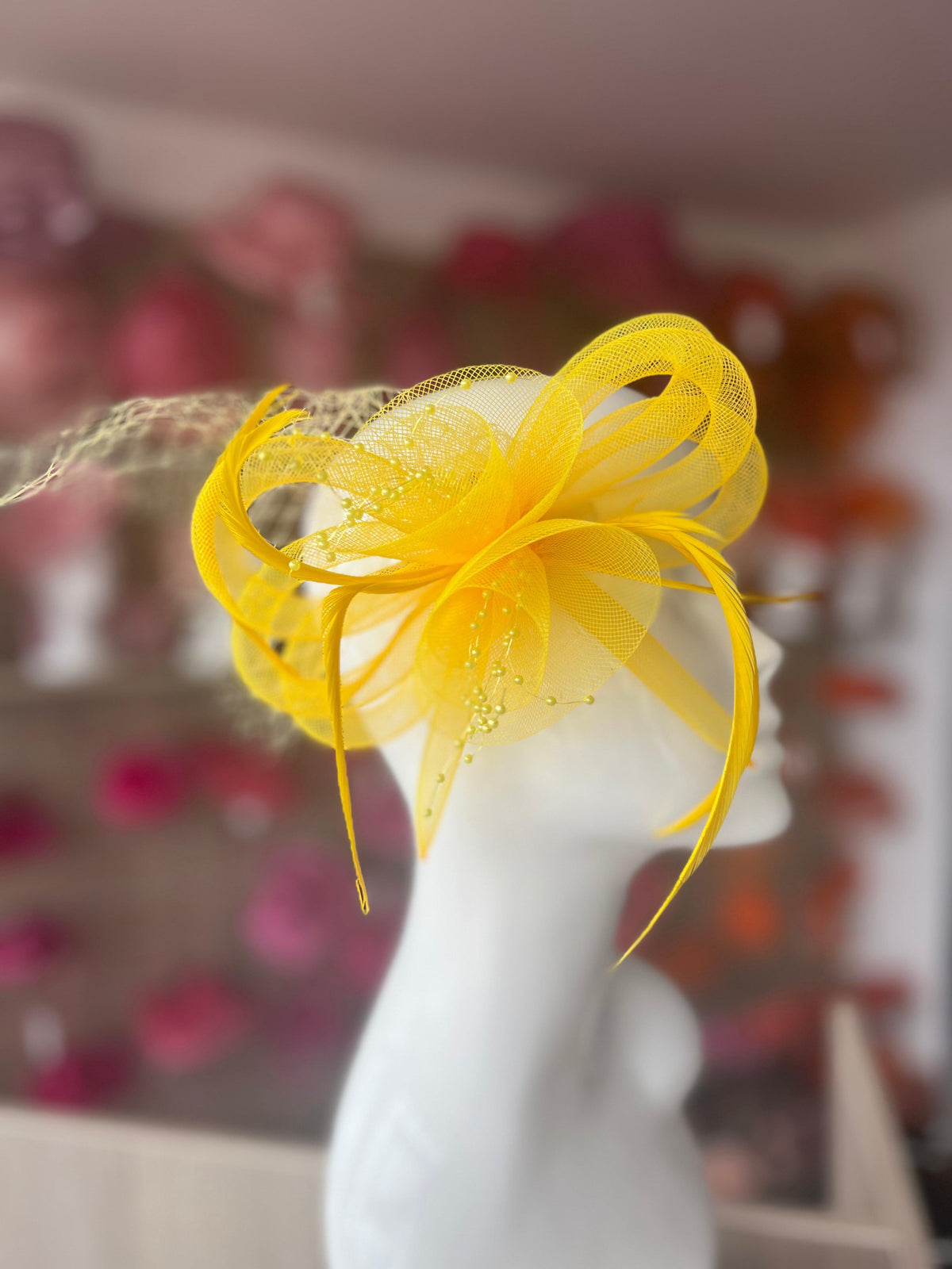 Yellow Crinoline Fascinator With Beads &amp; Netting-Fascinators Direct