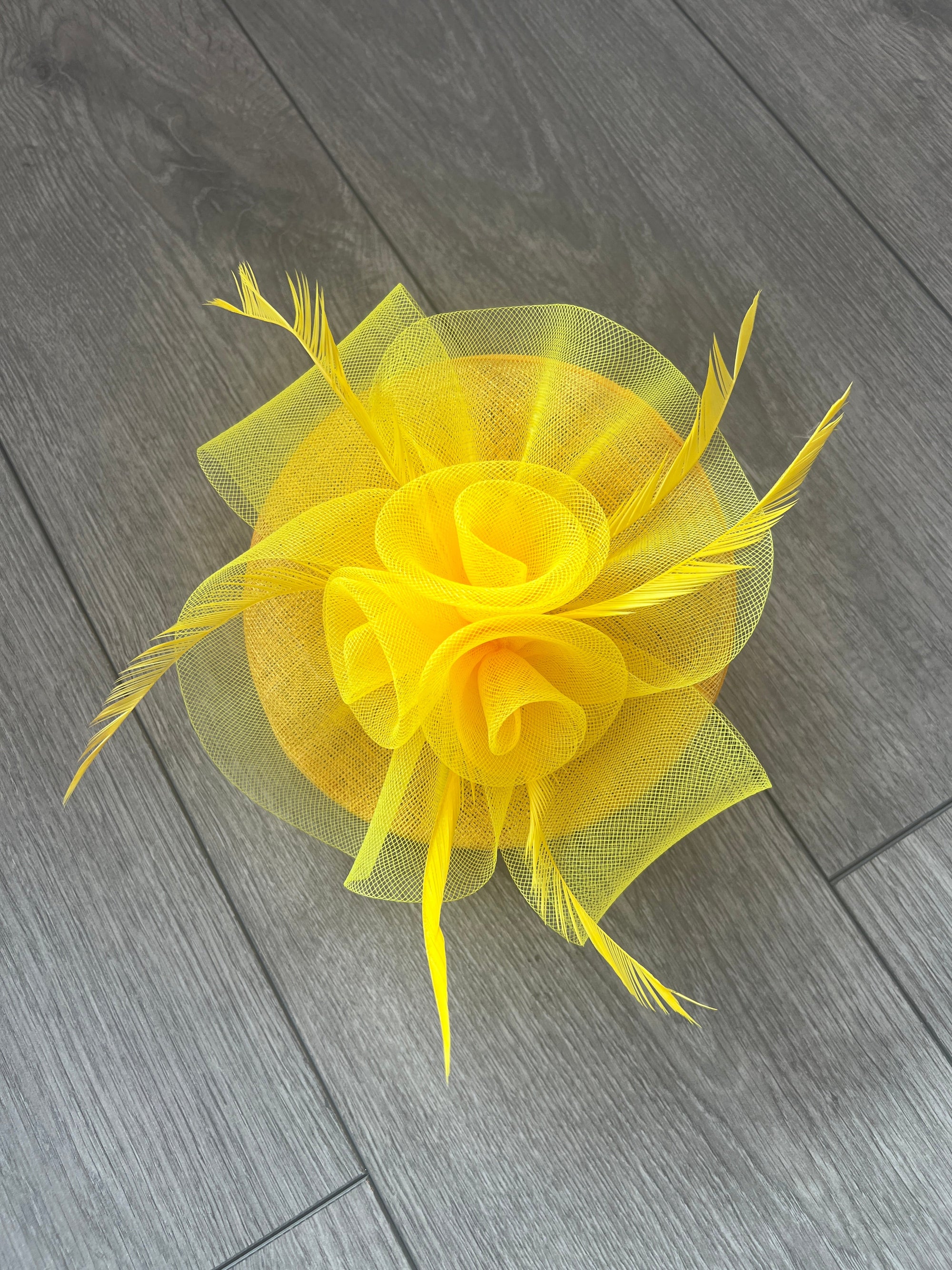 Yellow Disc Fascinator With Floral Design & Feathers-Fascinators Direct