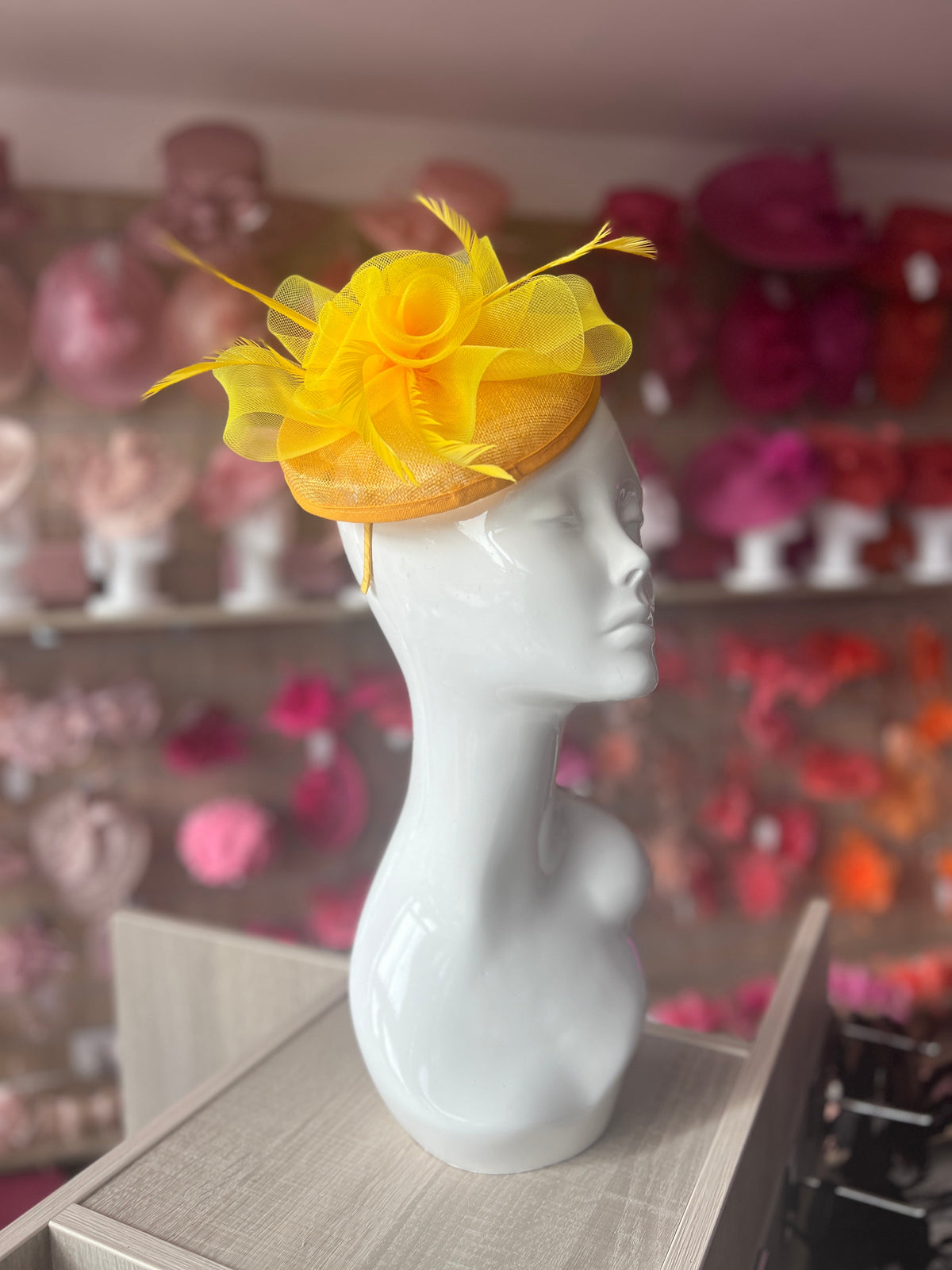Yellow Disc Fascinator With Floral Design &amp; Feathers-Fascinators Direct