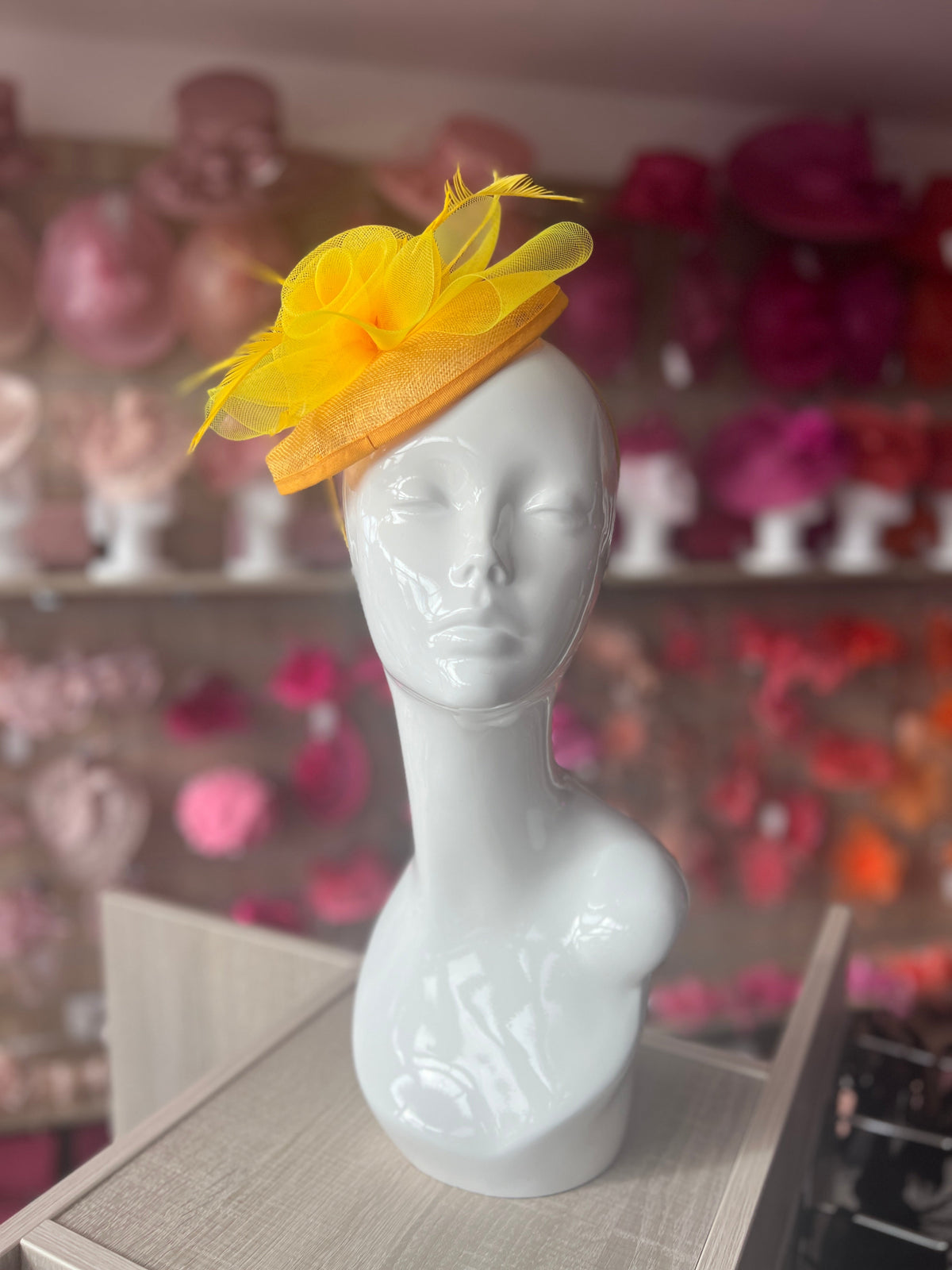 Yellow Disc Fascinator With Floral Design &amp; Feathers-Fascinators Direct