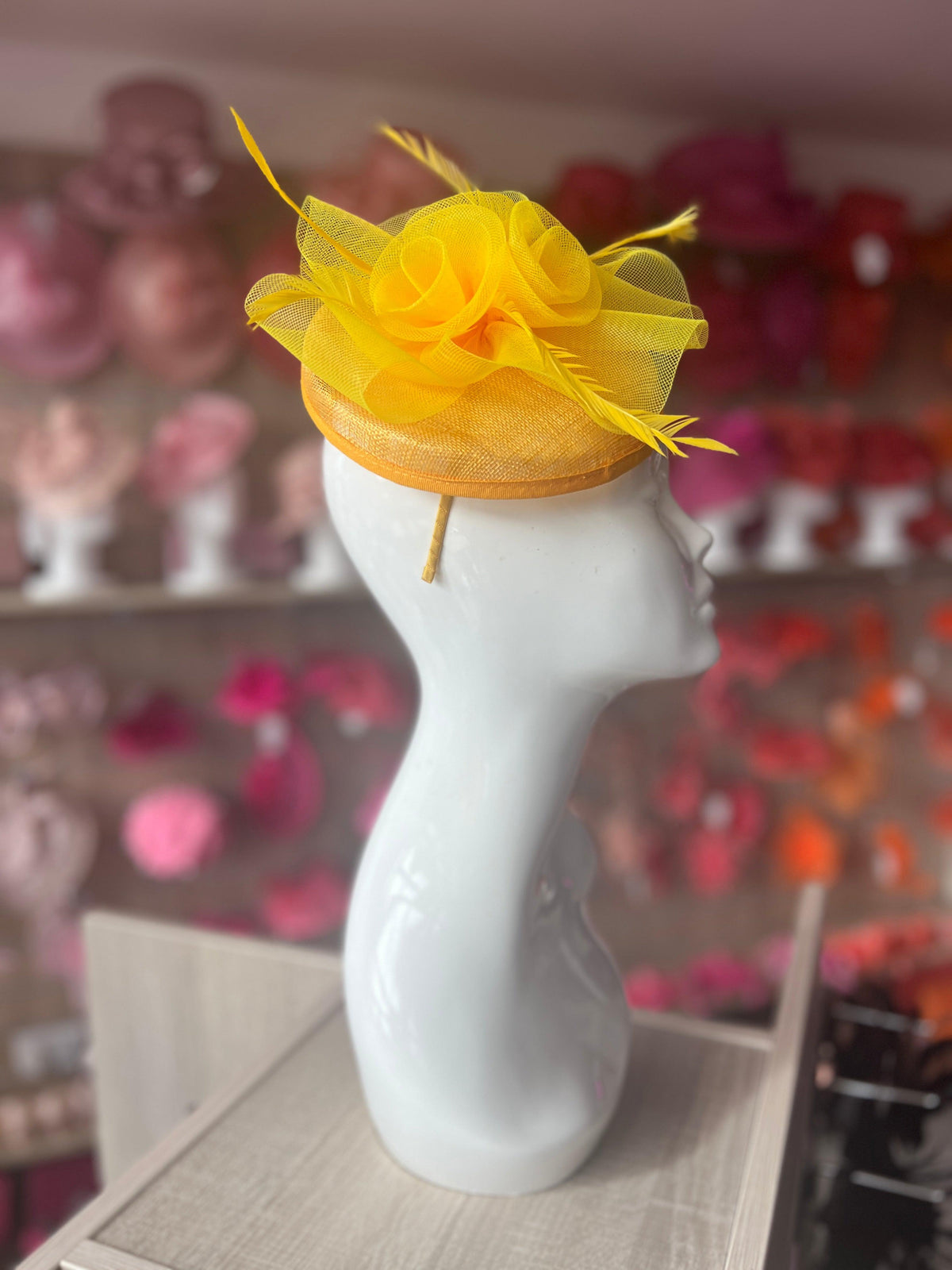 Yellow Disc Fascinator With Floral Design &amp; Feathers-Fascinators Direct