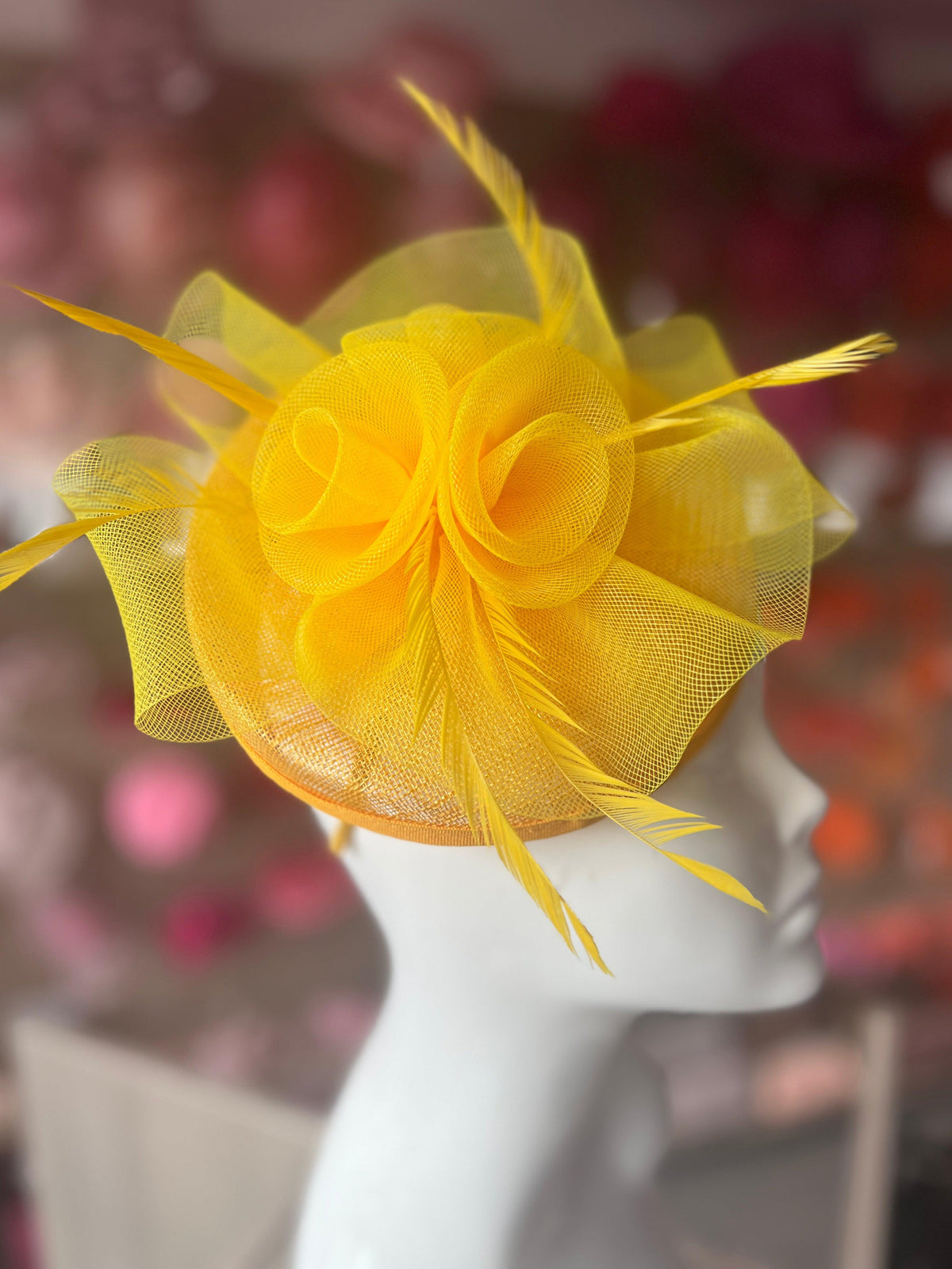 Yellow Disc Fascinator With Floral Design &amp; Feathers-Fascinators Direct