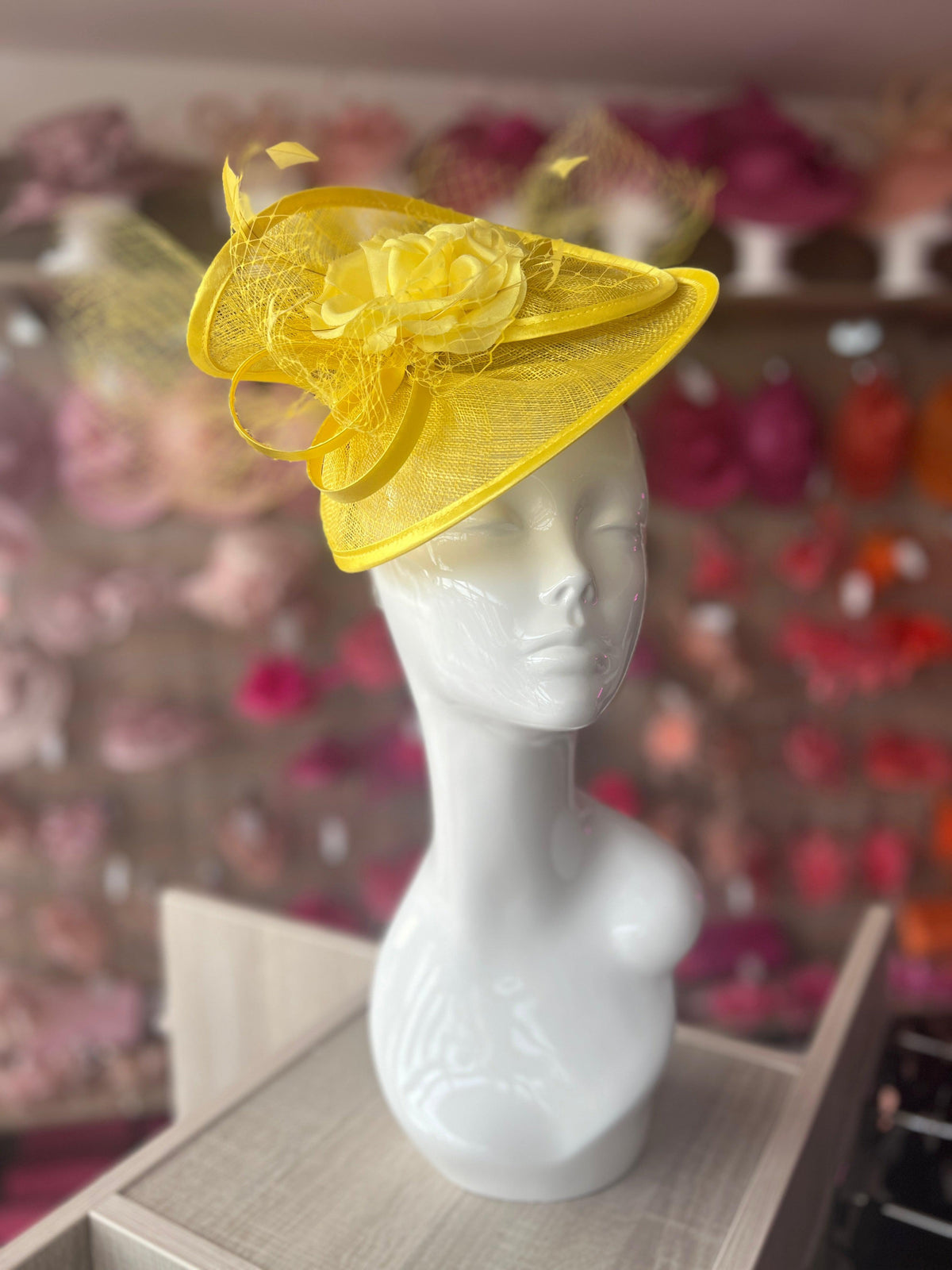 Yellow Disc Fascinator with Fabric Rose &amp; Netting-Fascinators Direct