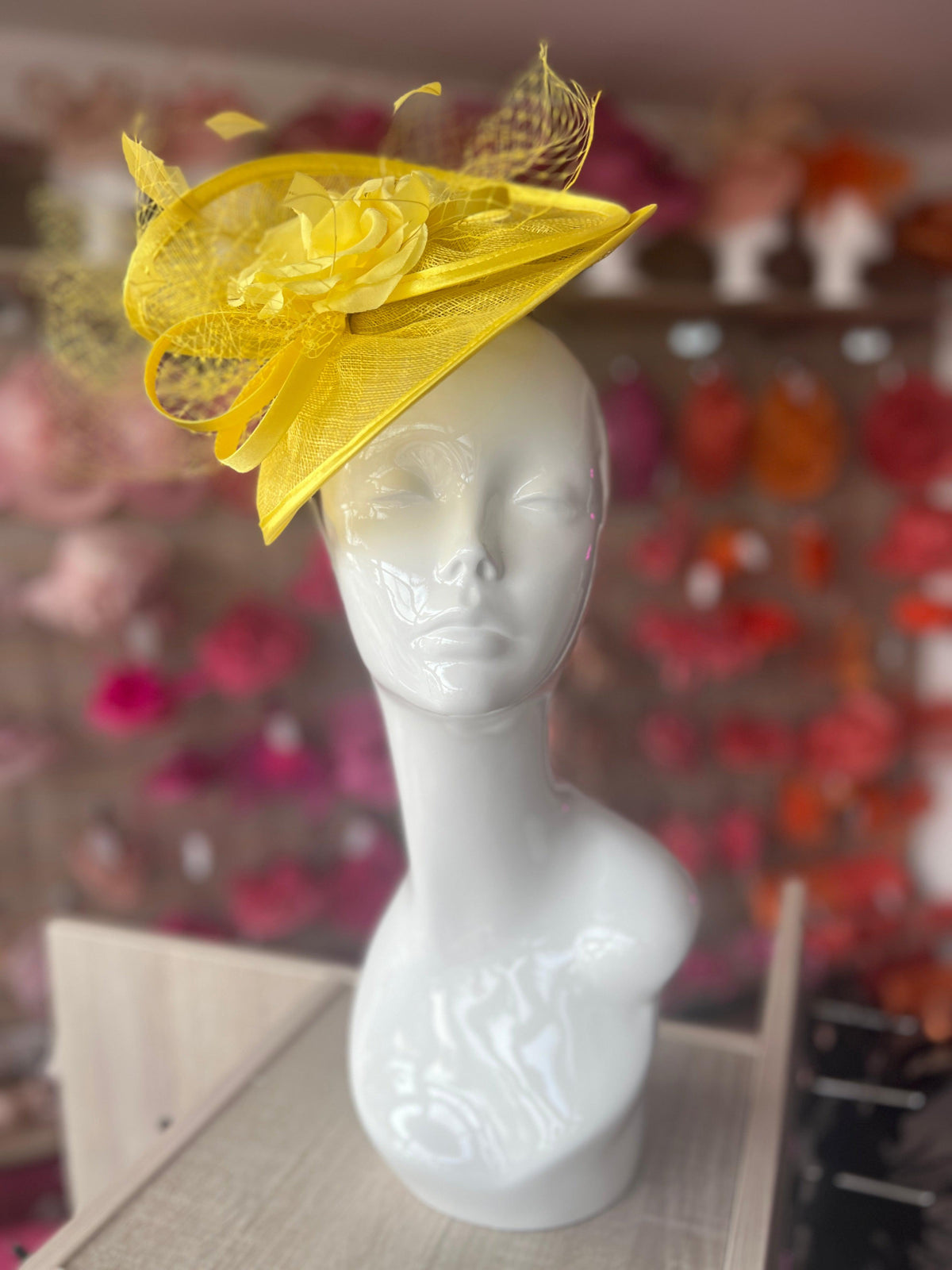 Yellow Disc Fascinator with Fabric Rose &amp; Netting-Fascinators Direct
