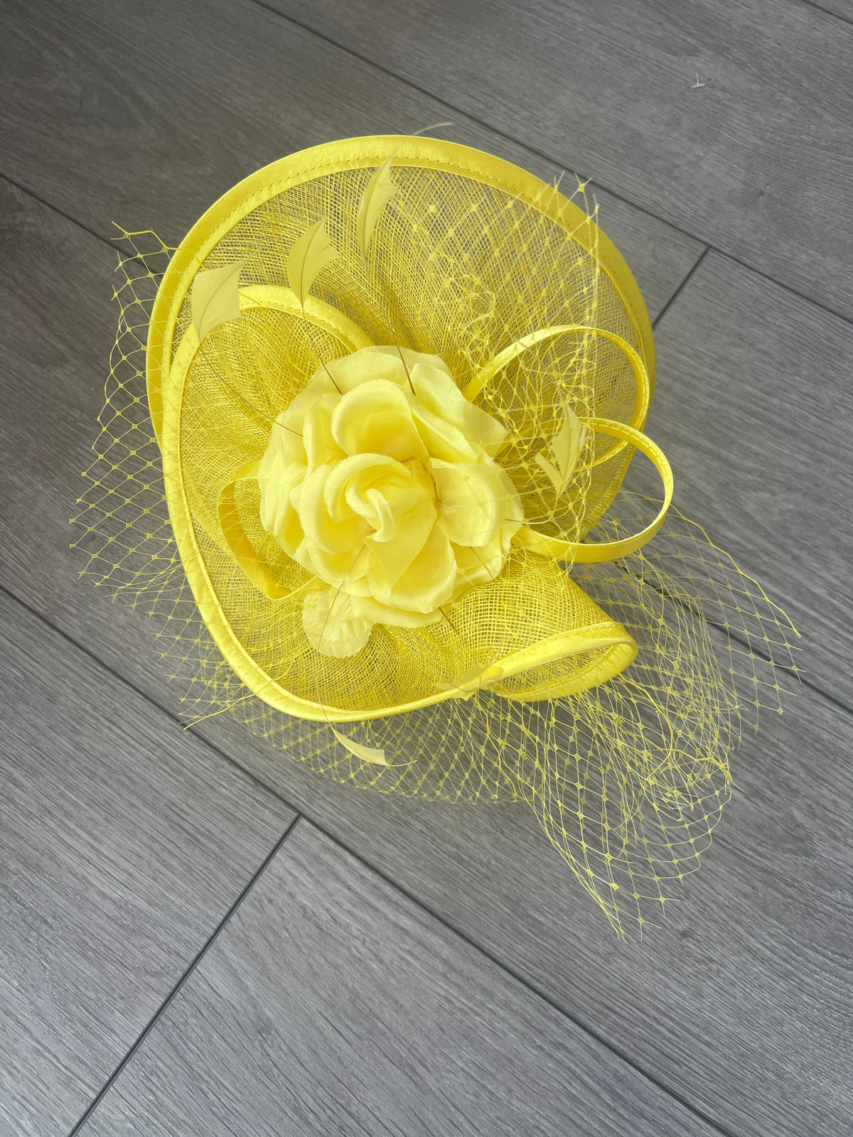 Yellow Disc Fascinator with Fabric Rose &amp; Netting-Fascinators Direct