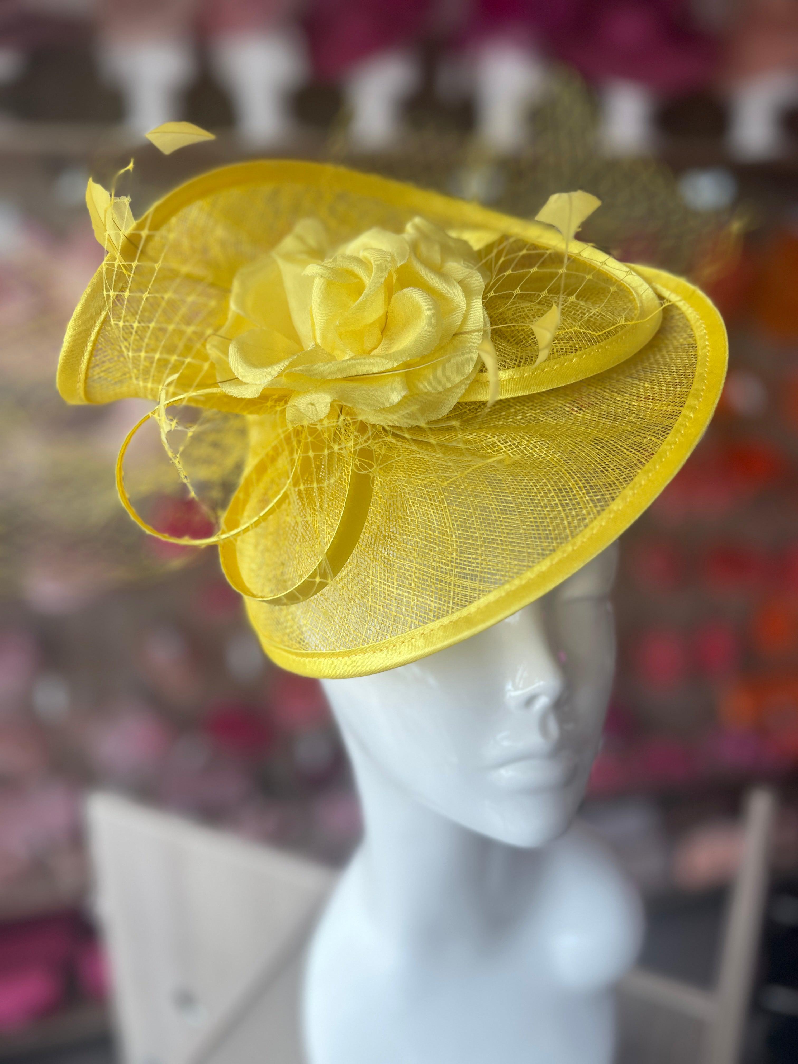 Yellow Disc Fascinator with Fabric Rose & Netting