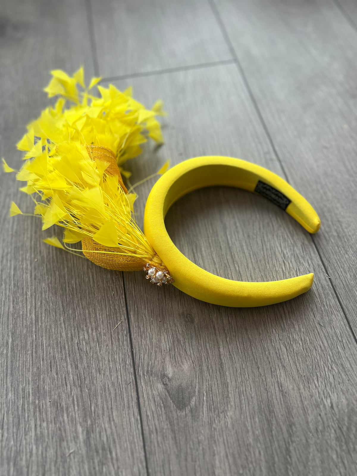 Yellow Feather Velvet Padded Headband Fascinator With Diamante &amp; Pearl Cluster-Fascinators Direct