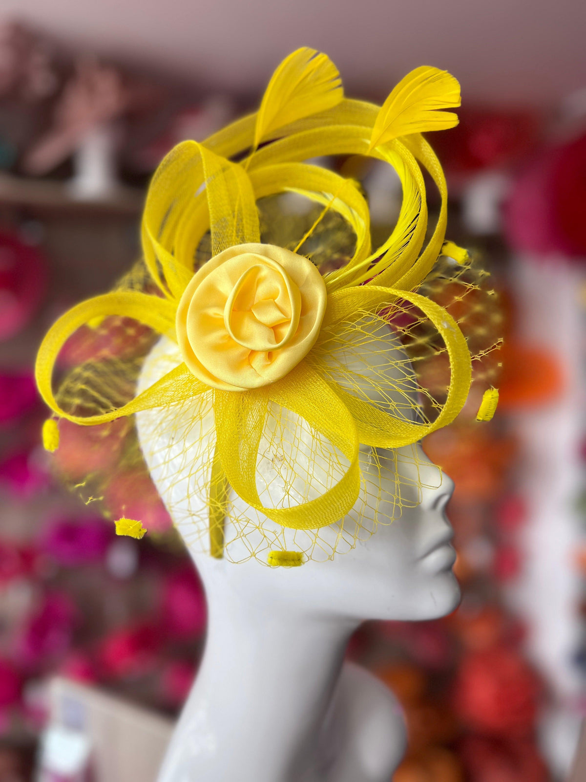 Yellow Flower Fascinator With Netting &amp; Feathers-Fascinators Direct