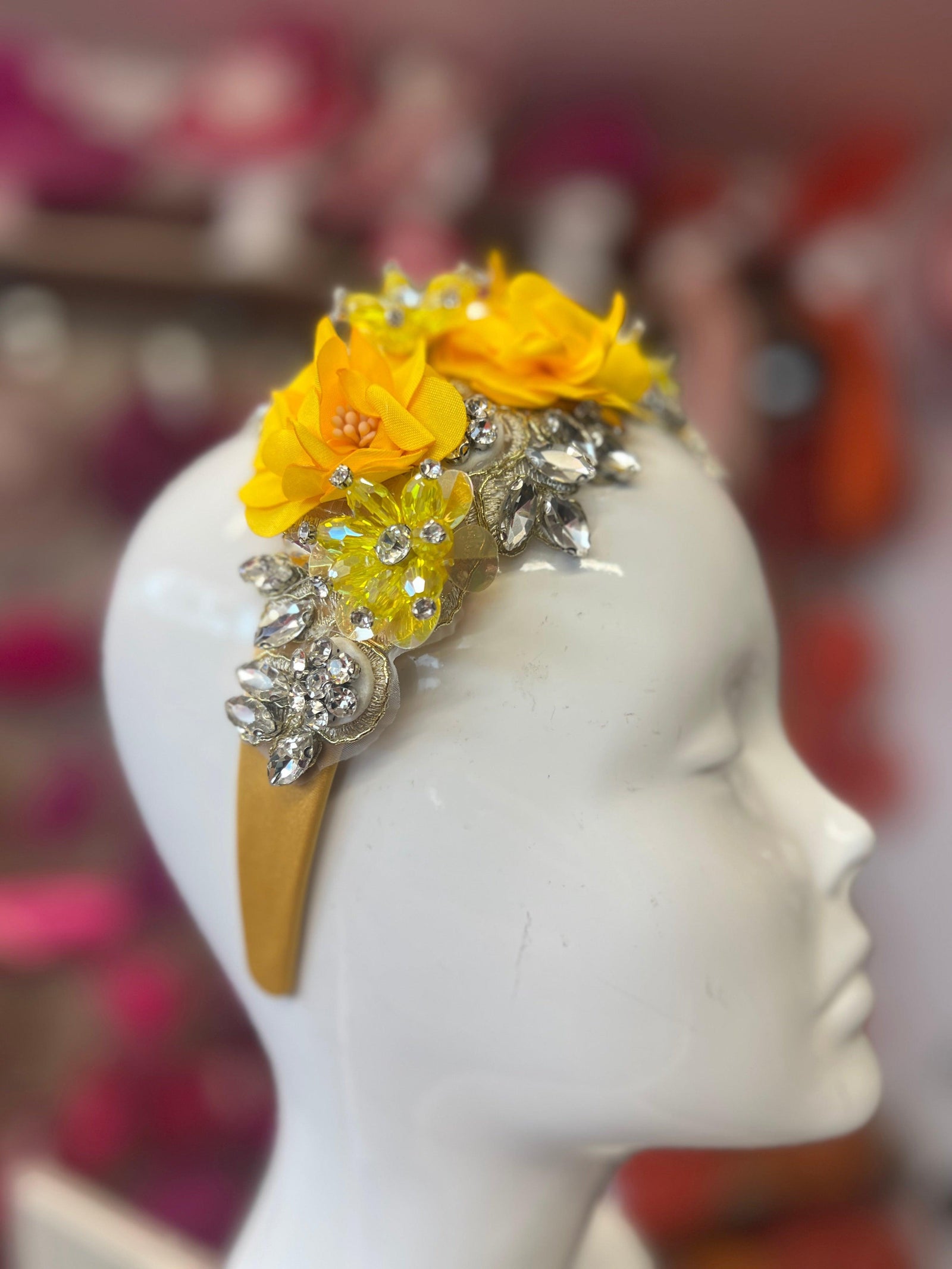 Yellow Flower Headband With Pearls & Diamantes-Fascinators Direct