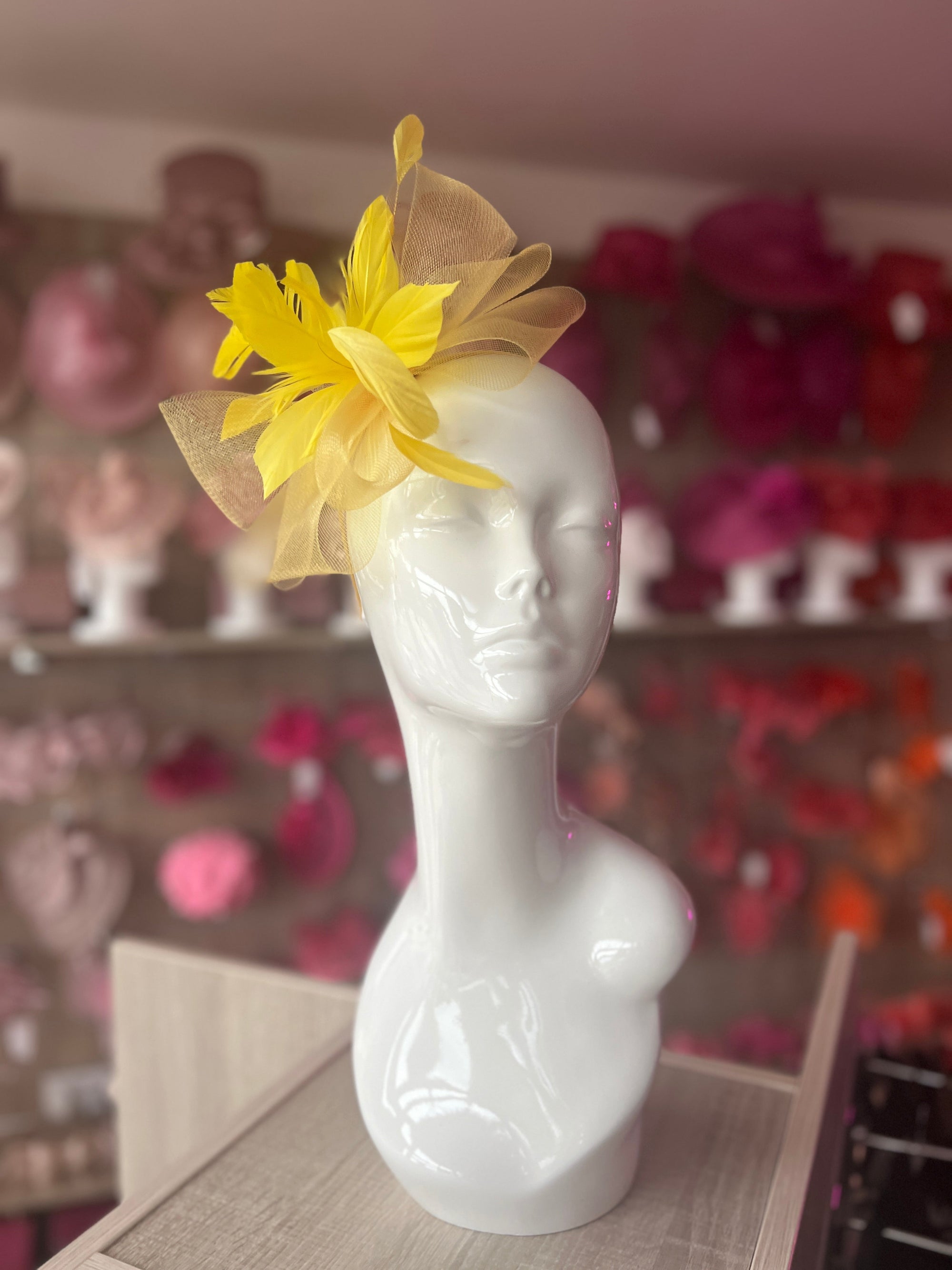 Yellow Large Crinoline Looped Feather Fascinator-Fascinators Direct