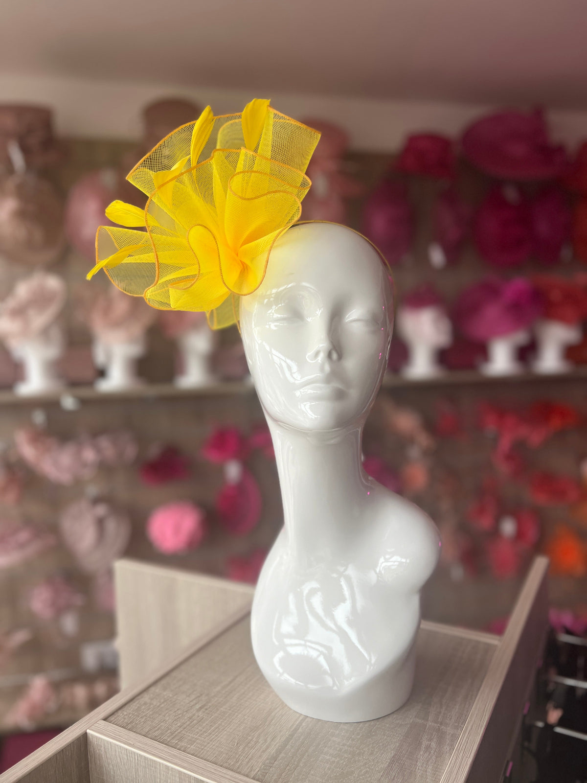 Yellow Large Fascinator Frilled Mesh with Feathers-Fascinators Direct
