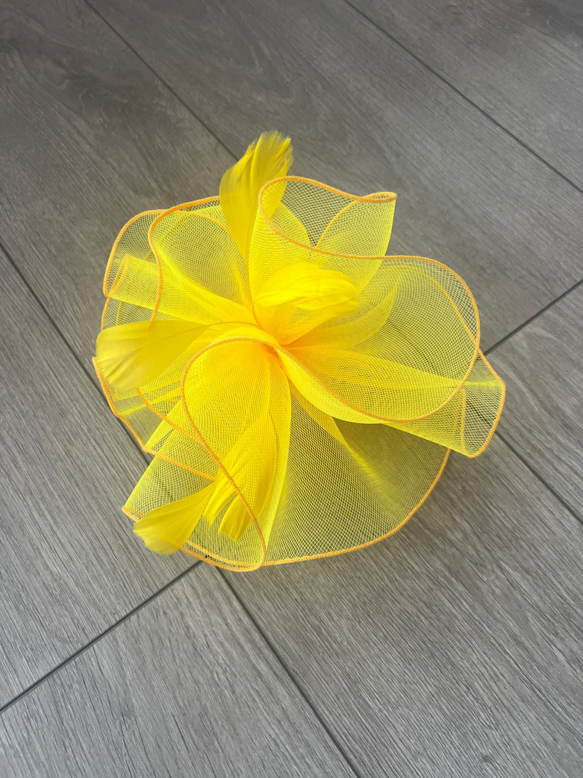 Yellow Large Fascinator Frilled Mesh with Feathers-Fascinators Direct