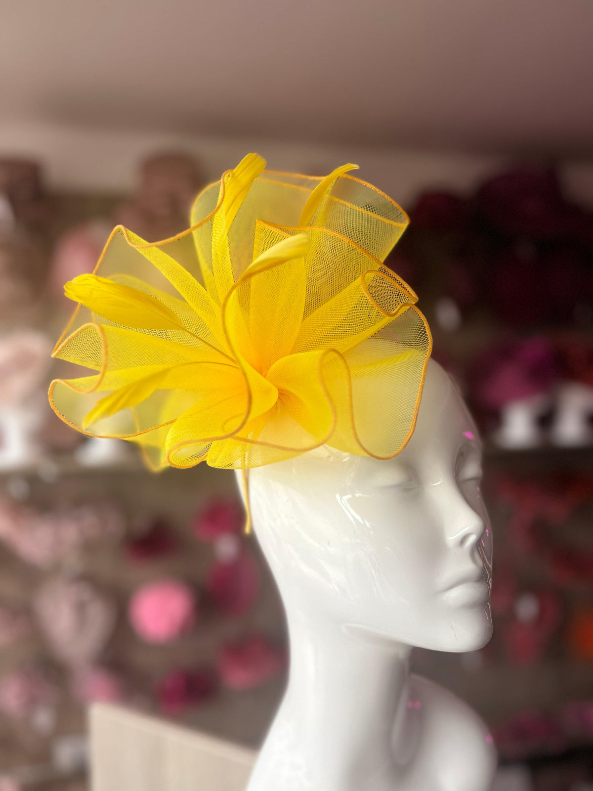 Yellow Large Fascinator Frilled Mesh with Feathers-Fascinators Direct