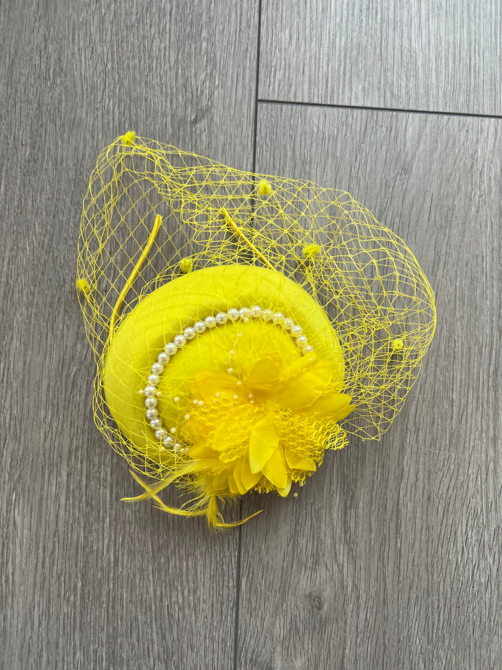 Yellow Pillbox Hat With Flower,Veil & Pearls-Fascinators Direct