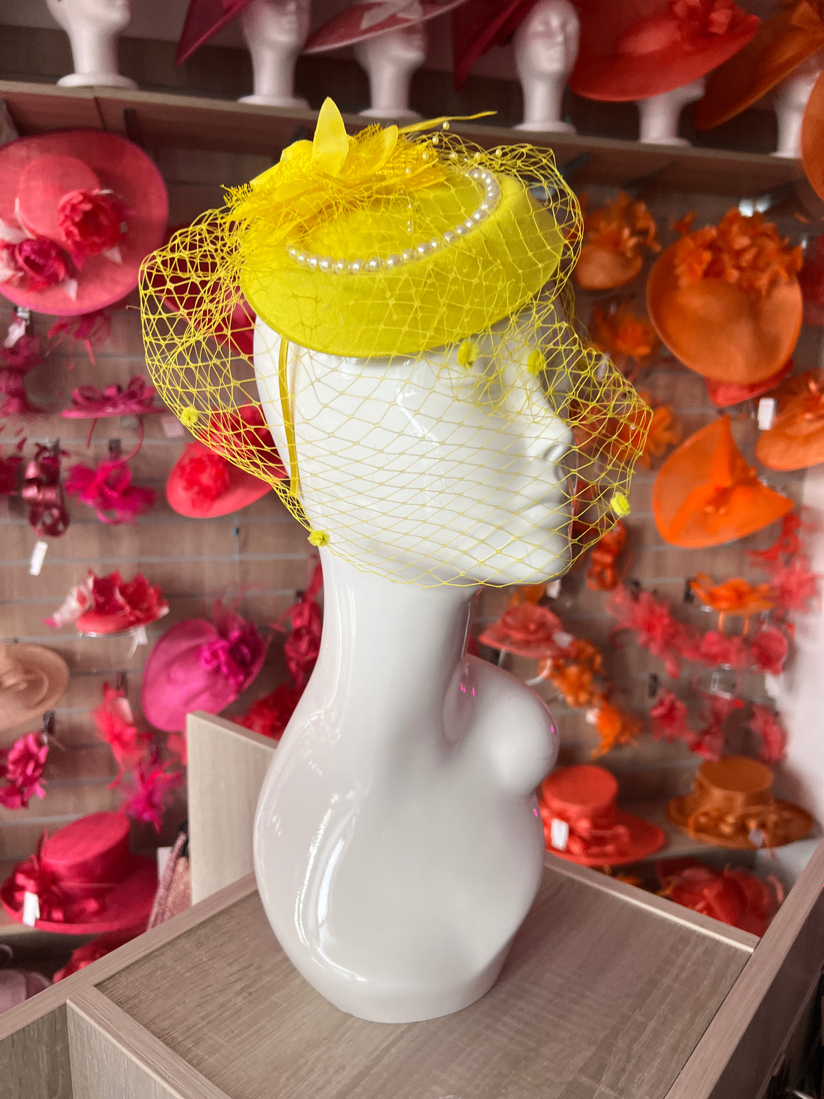 Yellow Pillbox Hat With Flower,Veil &amp; Pearls-Fascinators Direct