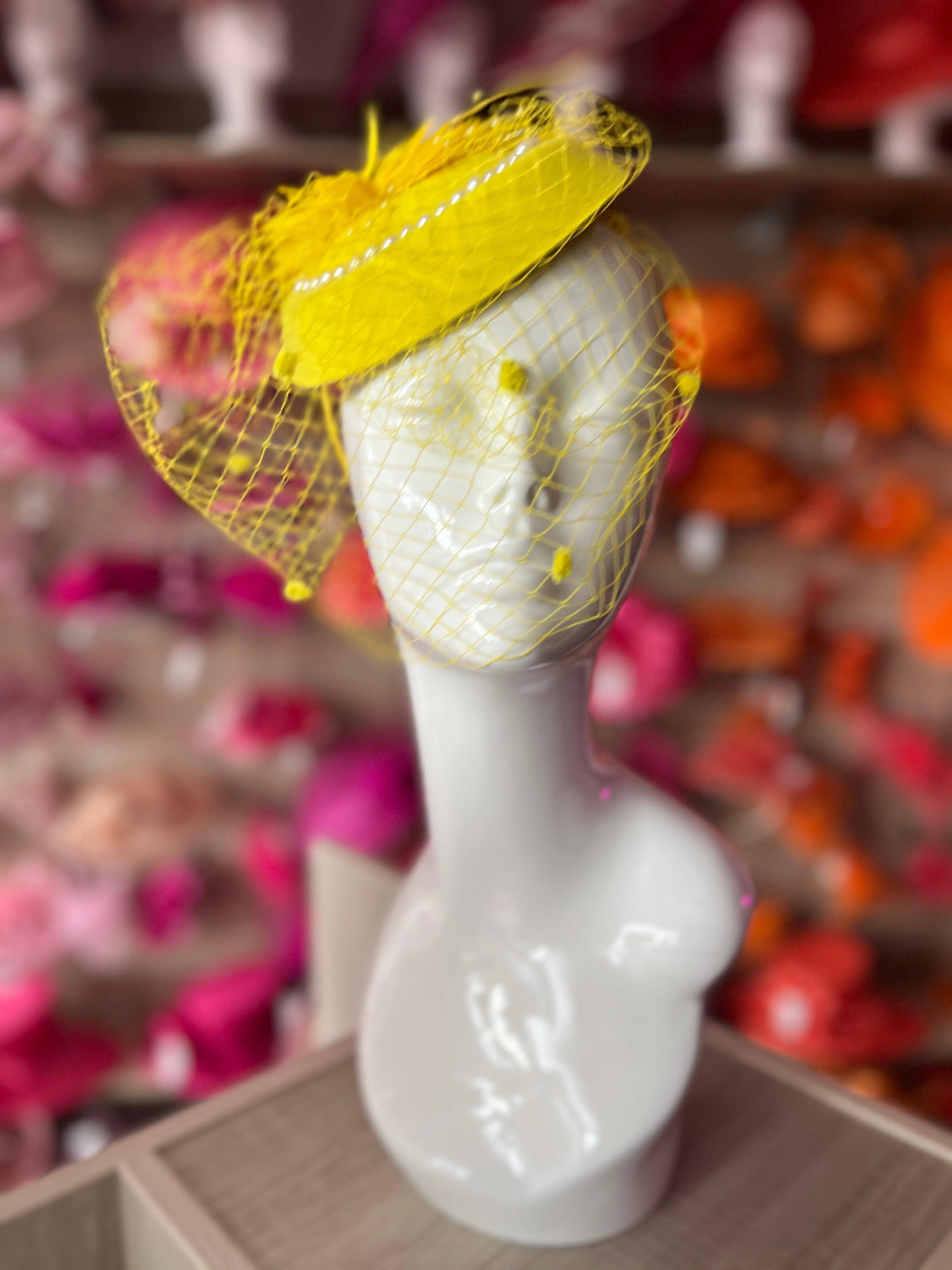 Yellow Pillbox Hat With Flower,Veil &amp; Pearls-Fascinators Direct