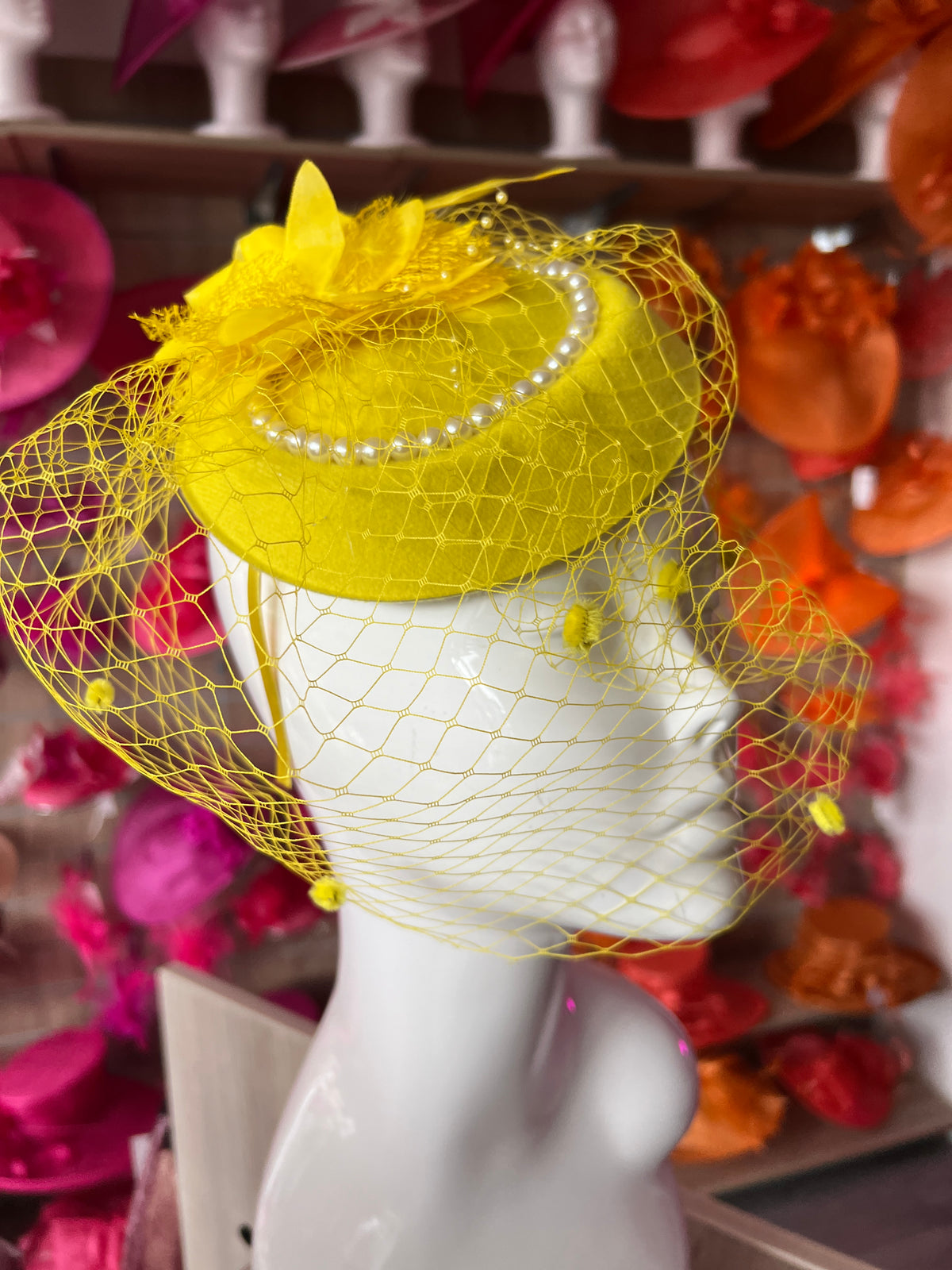 Yellow Pillbox Hat With Flower,Veil &amp; Pearls-Fascinators Direct