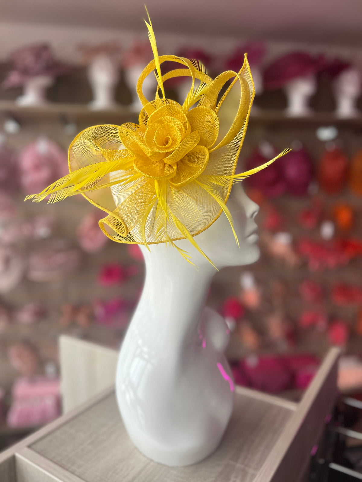 Yellow Teardrop Fascinator With Rose &amp; Feathers-Fascinators Direct