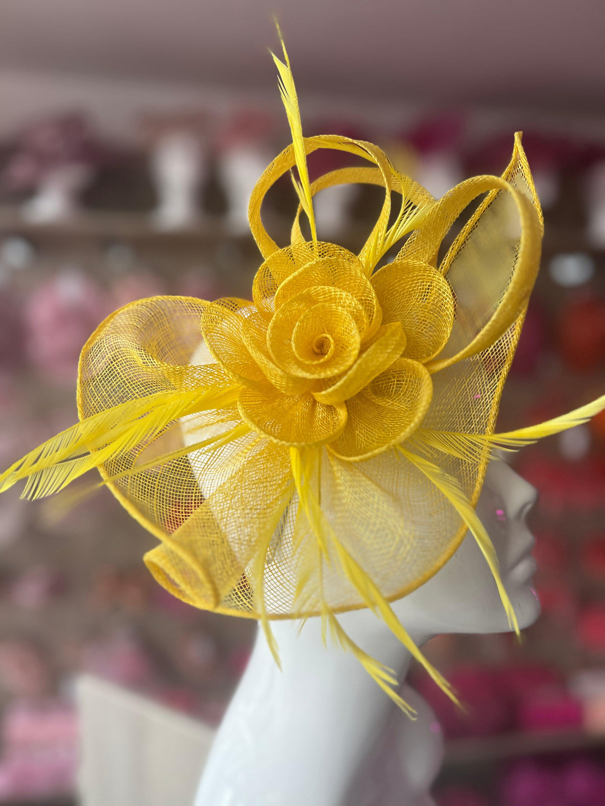 Yellow Teardrop Fascinator With Rose &amp; Feathers-Fascinators Direct
