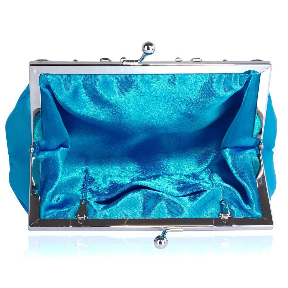 Azure Blue Satin Clutch Bag with Diamante Flower-Fascinators Direct