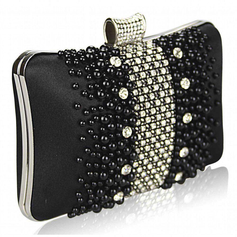 Beaded Pearl & Diamante Strip Black Clutch Bag-Fascinators Direct