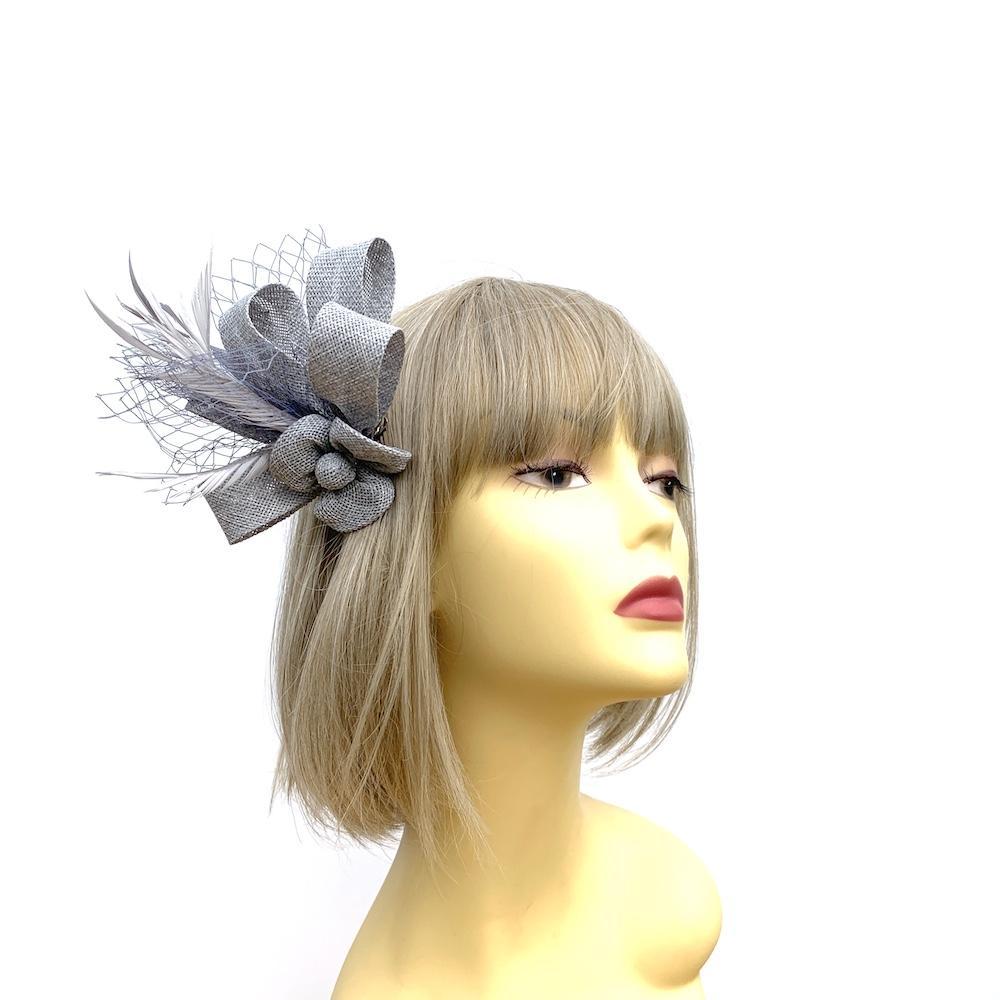 Bijou Silver Grey Fascinator Clip with Flower, Feathers & Netting-Fascinators Direct