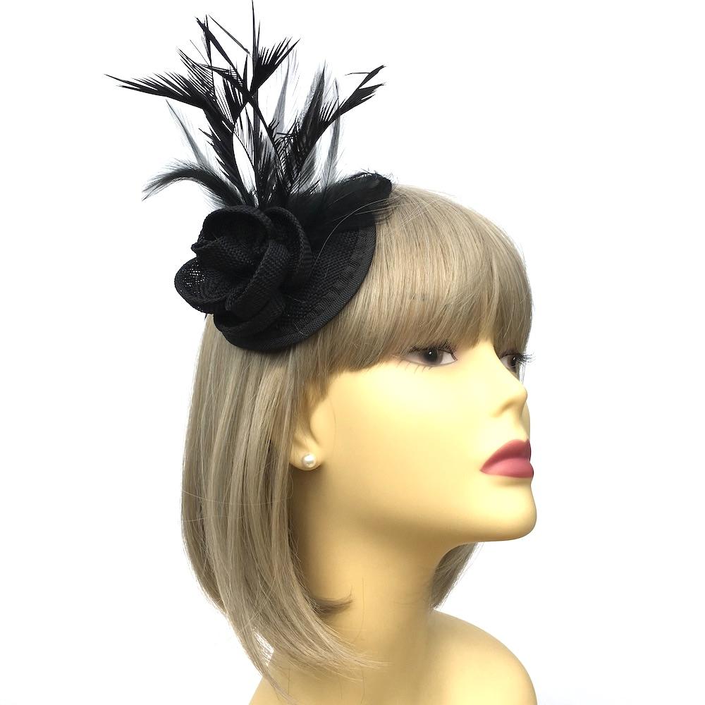 Black Disc Fascinator with Flower & Feathers-Fascinators Direct