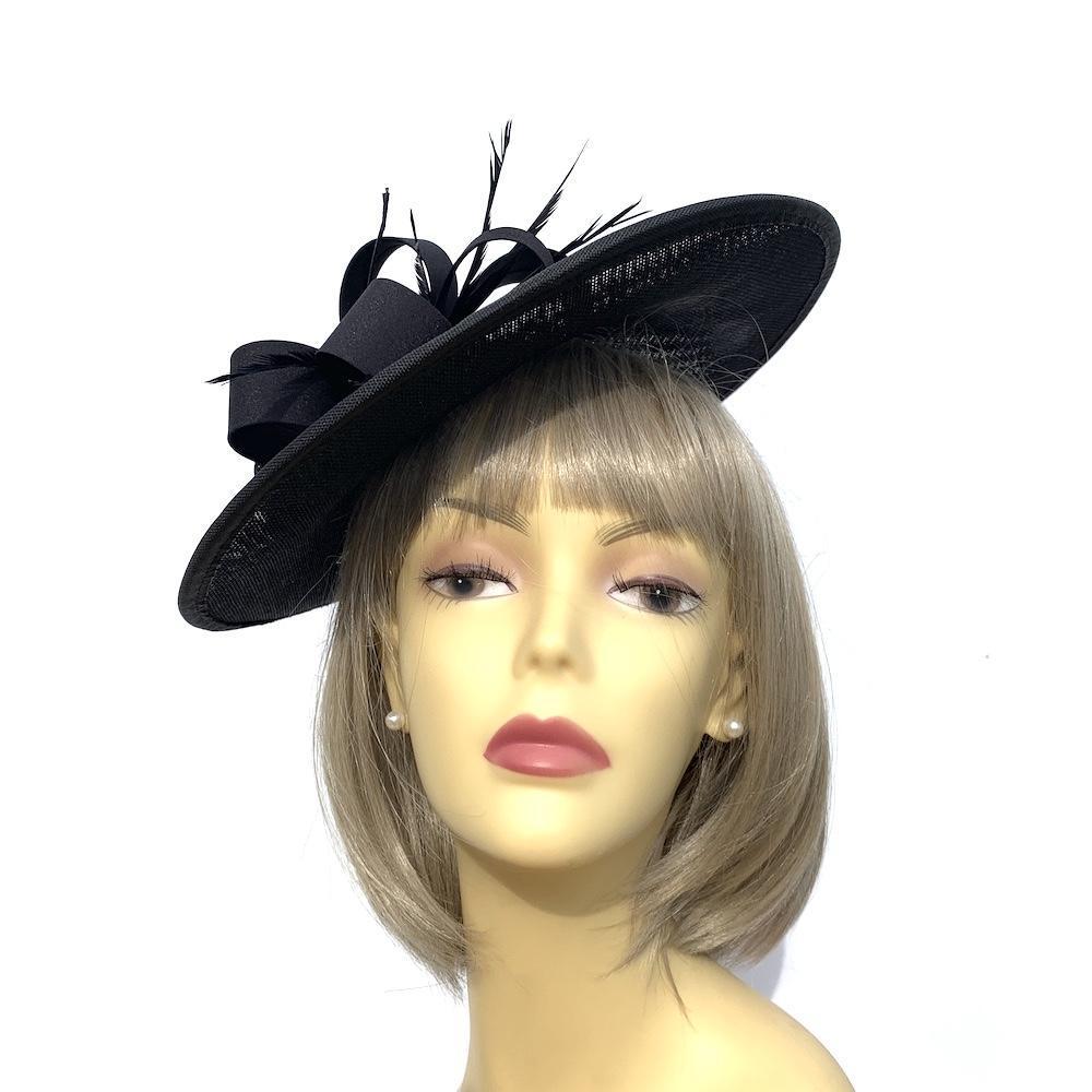 Black Disc Hatinator with Sinamay Rose & Feathers-Fascinators Direct