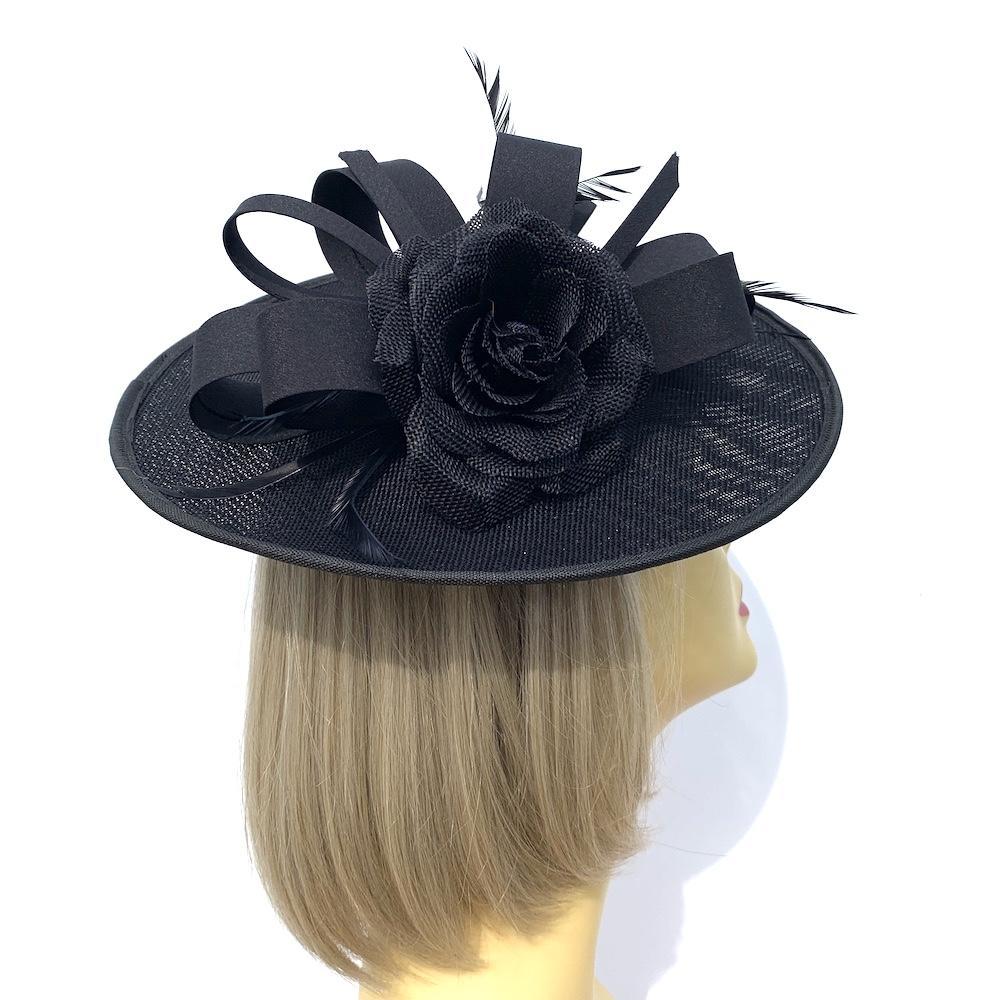 Black Disc Hatinator with Sinamay Rose &amp; Feathers-Fascinators Direct