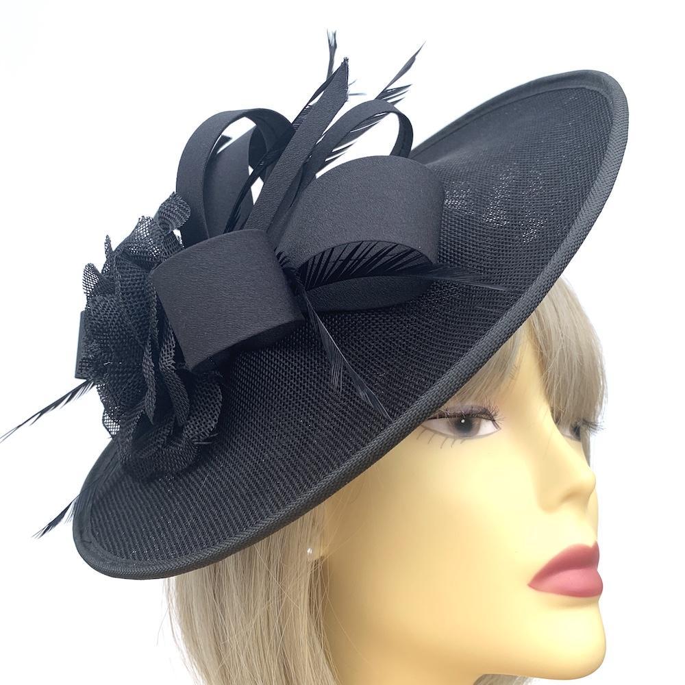 Black Disc Hatinator with Sinamay Rose &amp; Feathers-Fascinators Direct