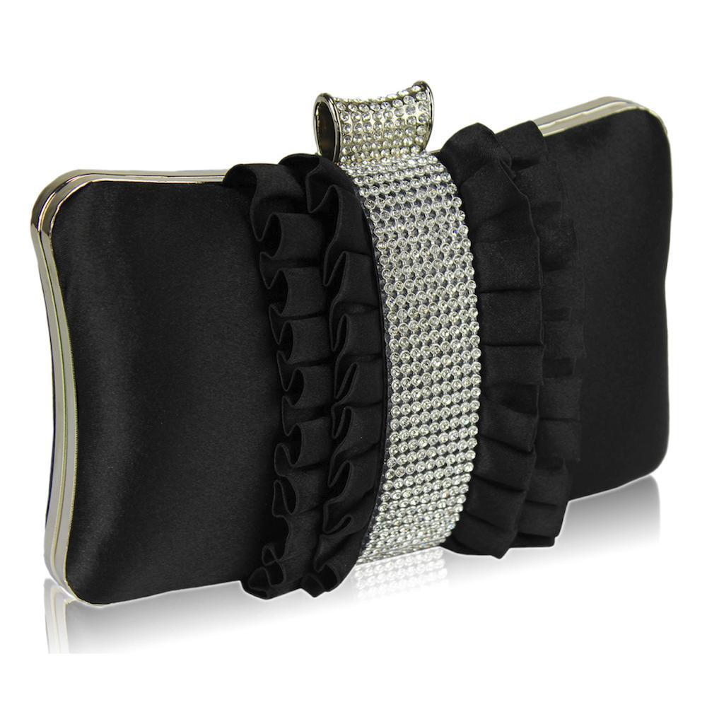 Satin Diamante Black Evening Clutch Bag for Going Out Weddings