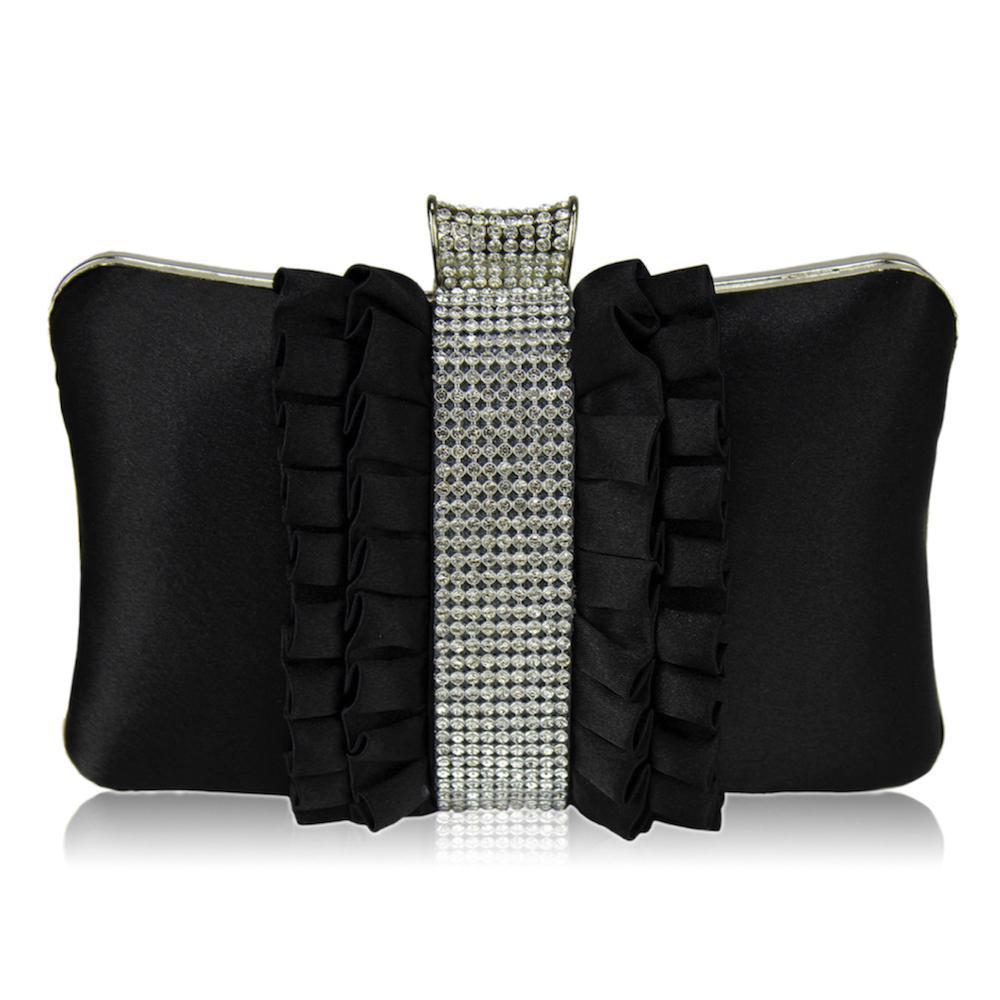 Black Evening Clutch Bag with Satin Ruffles