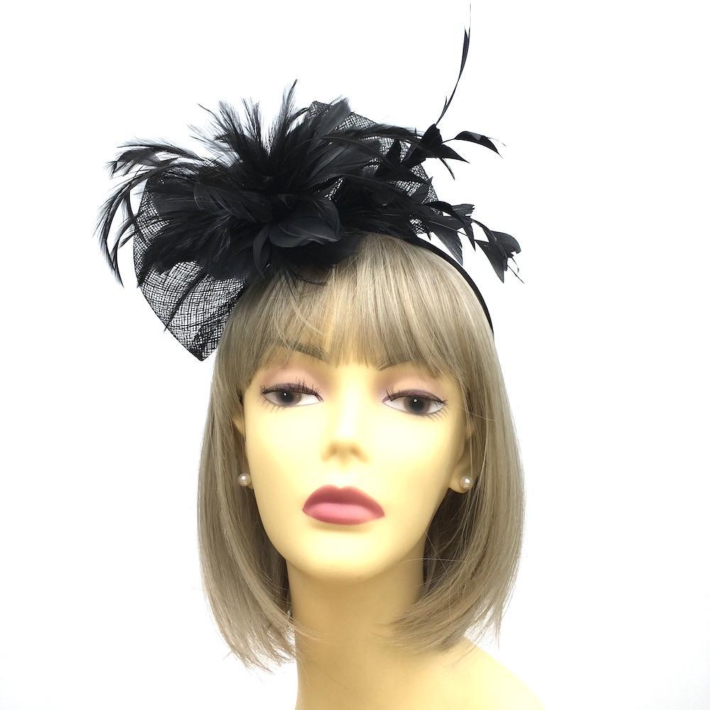 Black Fascinator Hair Band with Bow &amp; Feathers-Fascinators Direct